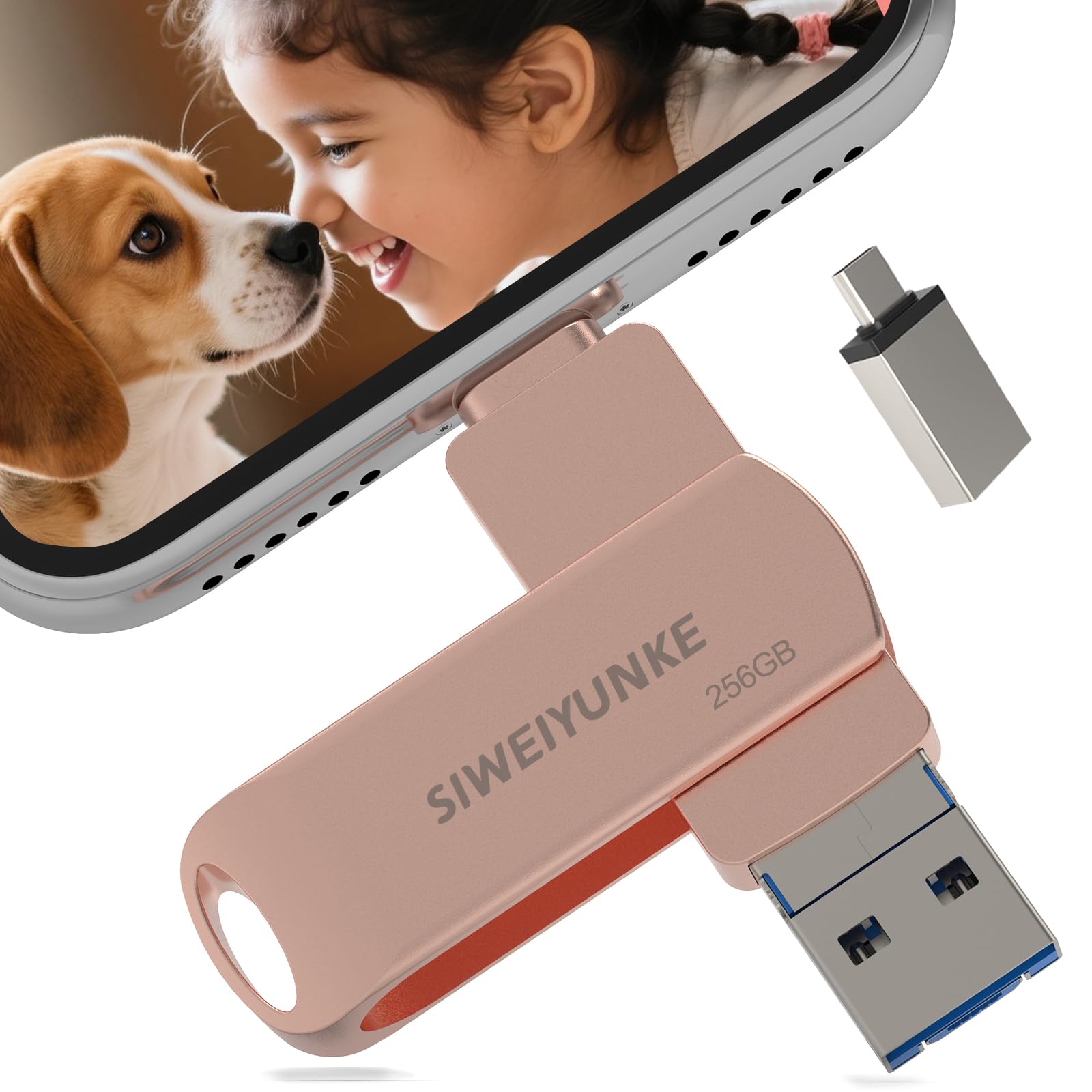 USB Stick 256GB für Phone, 4-in-1 Speicherstick, Photostick, Fotostick 3.0, Externer Speicher für Fotos und Videos, Schnelle Übertragung, Flash Drive für Handy/iOS/Android/Pad/Laptop/Pc, Hellrosa