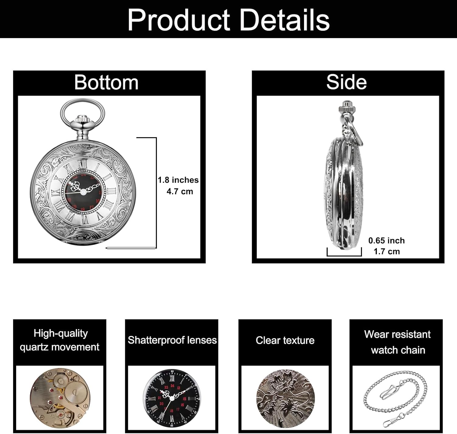 SIMAOTE Vintage Quartz Pocket Watch Men's Classic Steampunk Pocket Watch with Chain/Roman Numerals Dial/Gift Box - Image 3