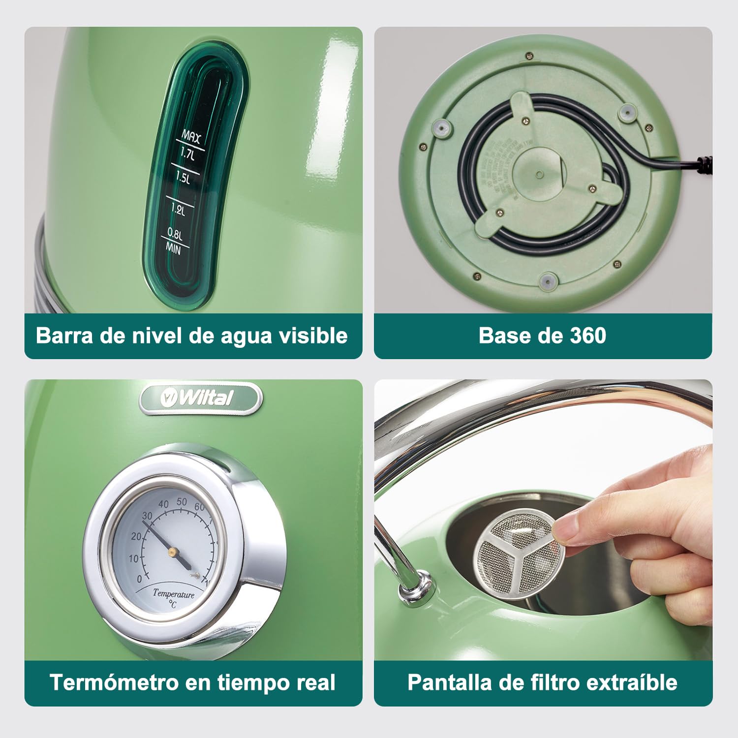 Hervidor eléctrico retro Wiltal, de acero inoxidable, juego de hervidor eléctrico y tostadora, 2200 W, 1,8 litros, ideal para té, café, alimentos para bebés, sin BPA. Verde