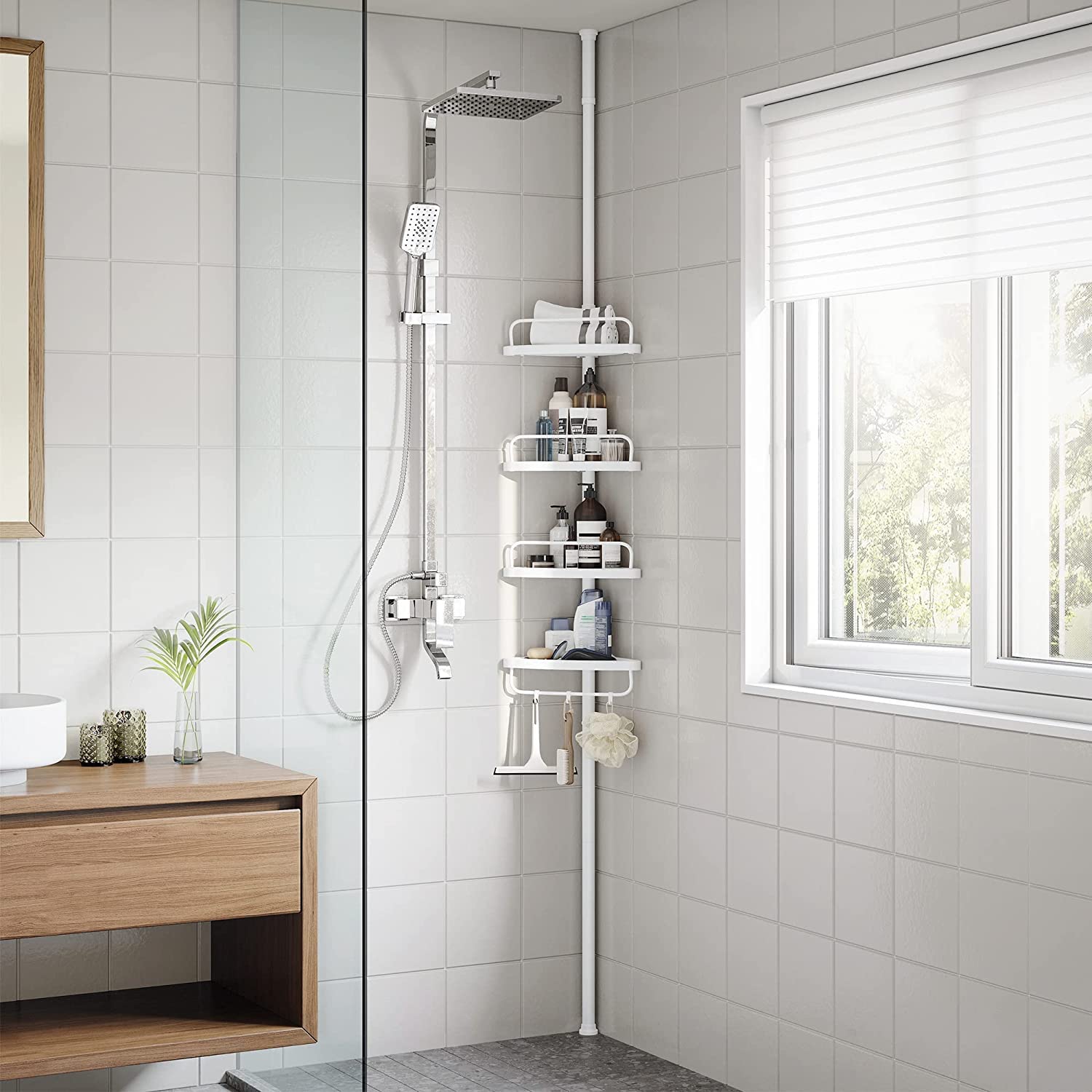 SONGMICS Mensola Doccia Telescopica e Regolabile, 4 Ripiani, Scaffale Angolare Bagno, Altezza 85-305 cm, Bianco BCB001A