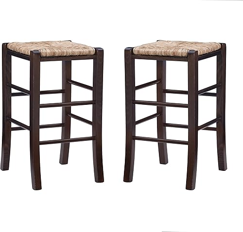 Miniatura 21 de Linon Augustus Taburete de bar sin respaldo de nogal con asiento tejido de hierba marina, juego de 2 Nuez,Natural,Blanco