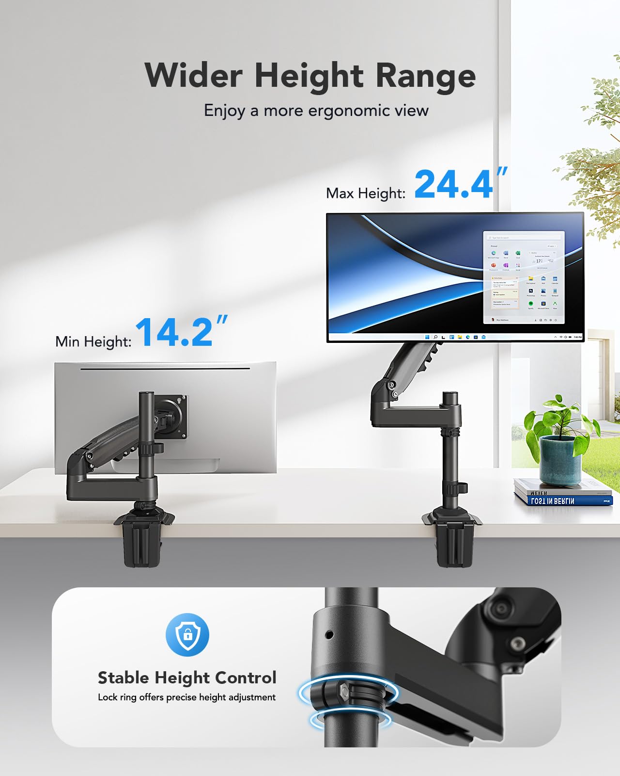 HUANUO Soporte de Monitor único – Gas Spring Single Arm Monitor Desk Mount Fit 17 to 32 Inch Screens, Altura Ajustable VESA Bracket with Clamp, Grommet Mounting Base, Hold up to 19.8lbs