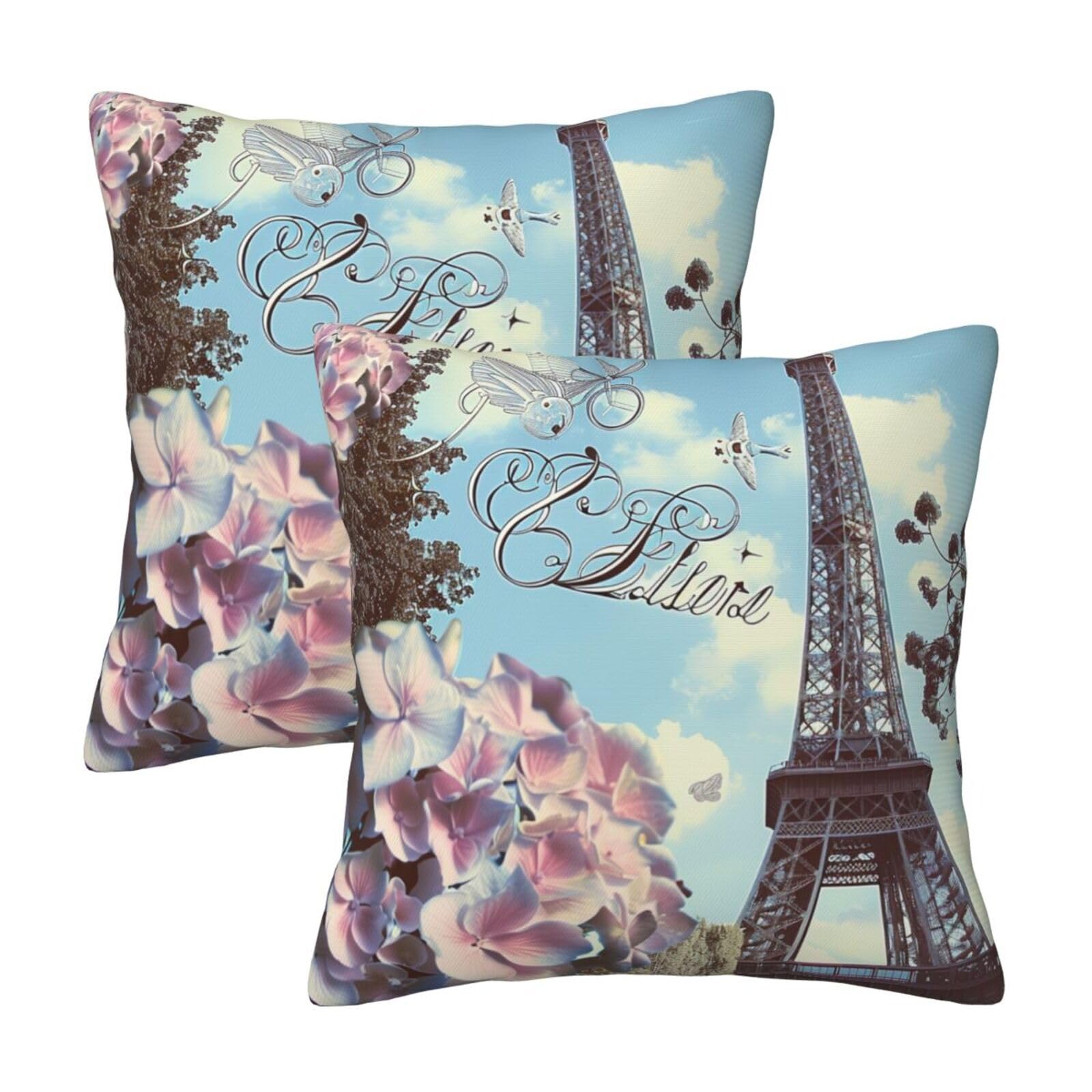Paris Eiffel Tower Flowers Throw Pillow Cases 2 Pack Square Pillowcases Soft Pillow Protectors for Couch Livingroom Sofa Bed Office Car,30x30 CM