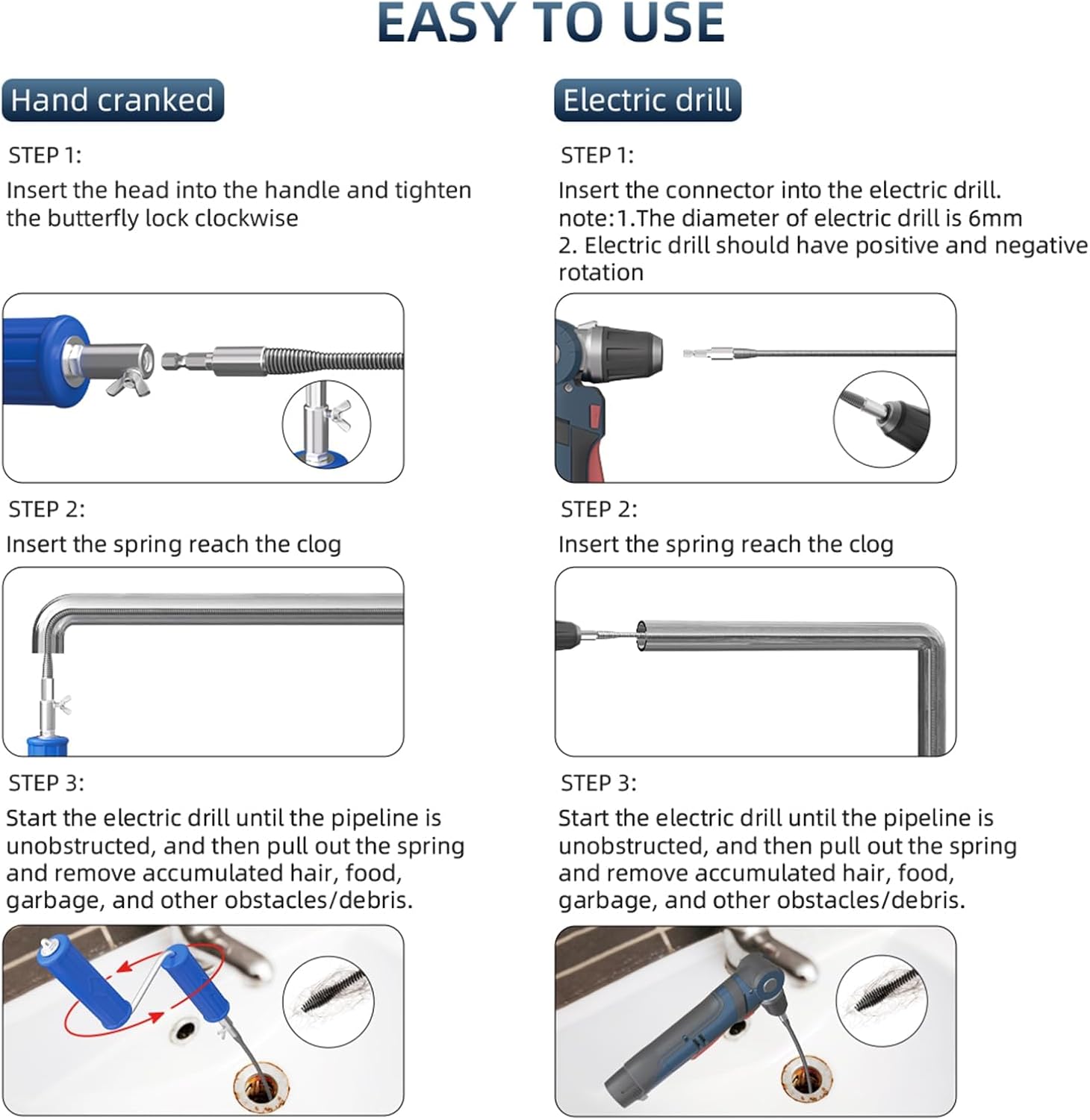 Drain Snake, Drain Auger with Drill Attachment, 32.8 Feet By 6MM Plumbing Snake Auto Feed Flexible Hair Drain Clog Remover for Kitchen, Bathrom and Shower Sink