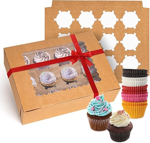 Rarapop Paquete de 25 cajas para cupcakes con capacidad para 12 cupcakes estándar, soportes para cupcakes de grado alimenticio, cajas de panadería