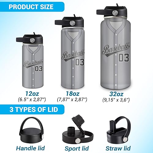 Vista 56 de Hyturtle Botella de agua de béisbol personalizada, botella de acero inoxidable aislada de viaje con tapa a prueba de fugas, 18 onzas, 32 onzas