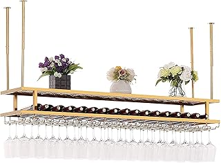 Stojak na wino wolnostojący, złoty wiszący metalowy stojak na wino, 30-60 cm z regulacją wysokości dwuwarstwowy żelazny wiszący uchwyt na kieliszek do wina, z półeczką na butelki wina, stojak do przechowywania, wiszący stojak na kubki (rozmiar: 60 x 30 cm)