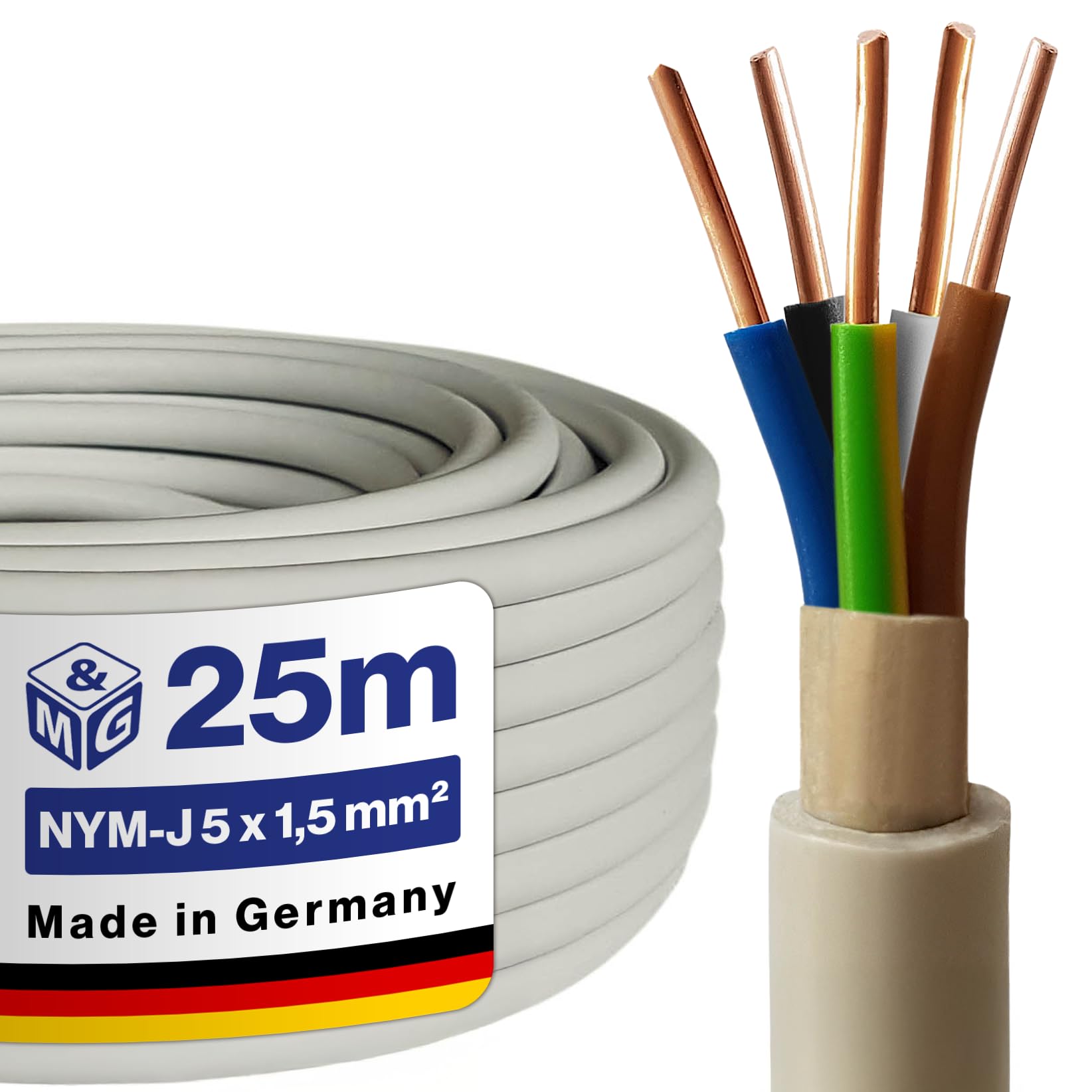 M&G Techno NYM-J 5x1,5 mm² Stromkabel 5 Polig NYM Kabel 5 adrig Mantelleitung Erdkabel Elektrokabel Feuchtraumkabel elektrische Leitung 25m