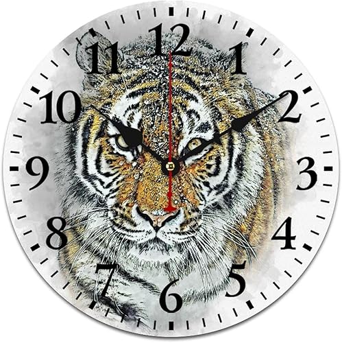 Reloj de pared de madera de 12 pulgadas, reloj de pared de tigre majestuoso, movimiento de cuarzo, rayas de números arábigos, animales, vida