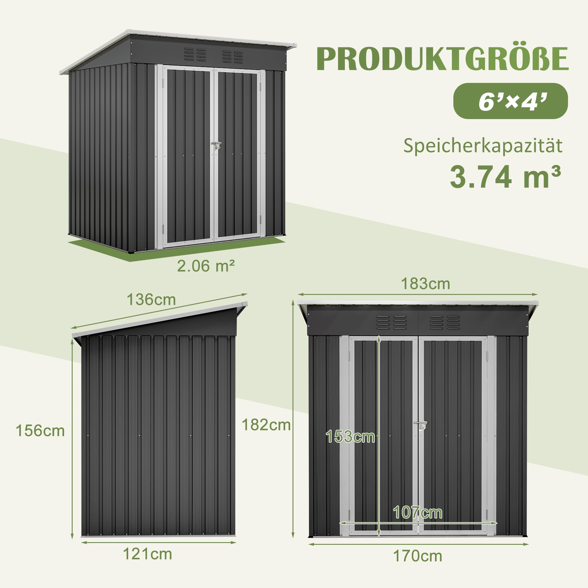 Geräteschuppen Metall 170x121x182 cm, 3,74 m³ Gerätehaus mit Pultdach, Fundament und Drehtüren, Wetterfester Gartenschuppen für Fahrrad & Gartengeräte, Anthrazit