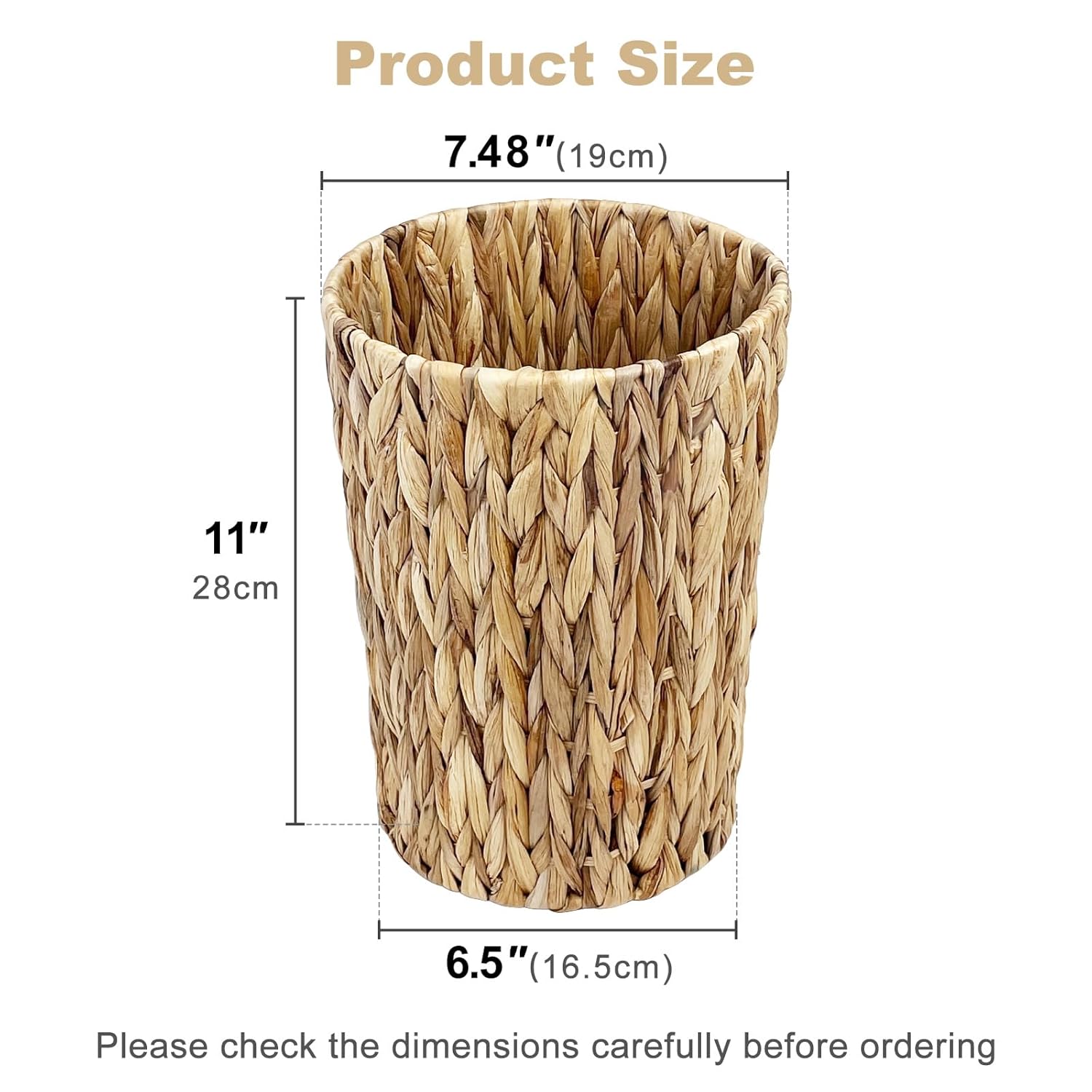 Water Hyacinth Wicker Trash Can, Handwoven Natural Fiber Waste Basket, Small Boho Decorative Garbage Bin for Bathroom, Bedroom, Office, 7.5"×6.5"×11"