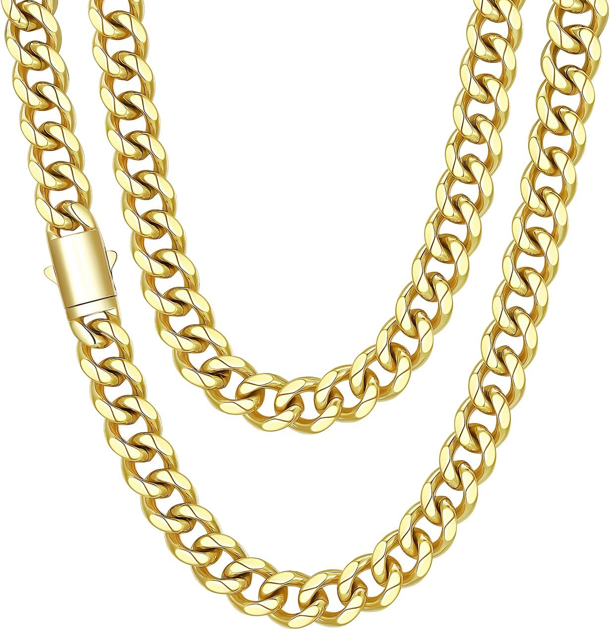 Gold Plated Mens Cuban Link Chain, Miami Cuban Chain Necklace for Men, 12mm Width Hip Hop Mens Jewelry, 18"