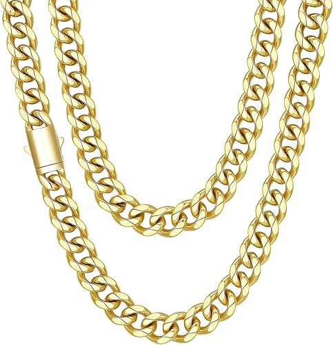 Gold Plated Mens Cuban Link Chain, Miami Cuban Chain Necklace for Men, 12mm Widt