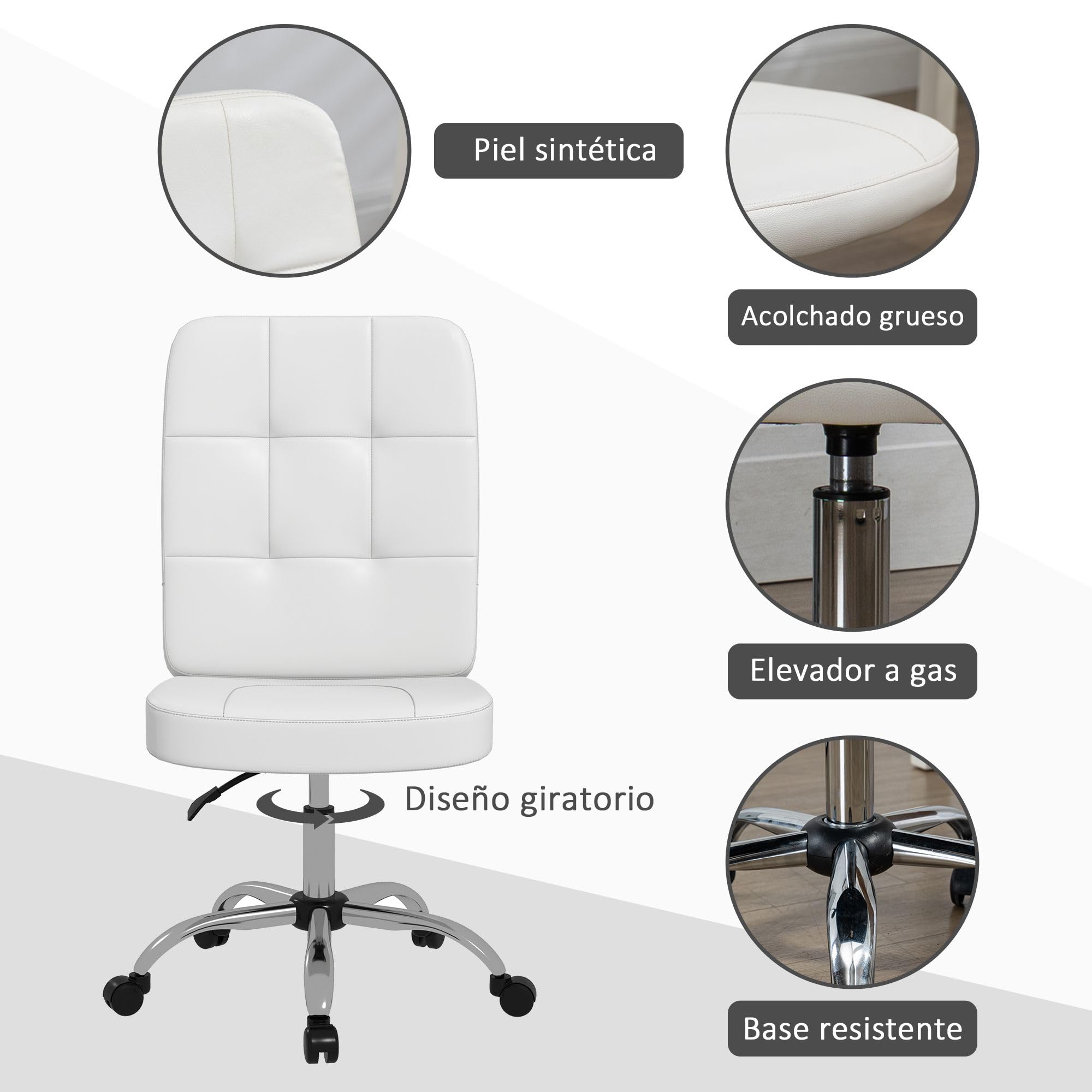 Vinsetto Silla de Oficina sin Brazos Carga 120 kg 45x59x90-100 cm Blanco | Silla de Escritorio Giratorio, Piel Sintética, Altura Ajustable, Estilo Moderno