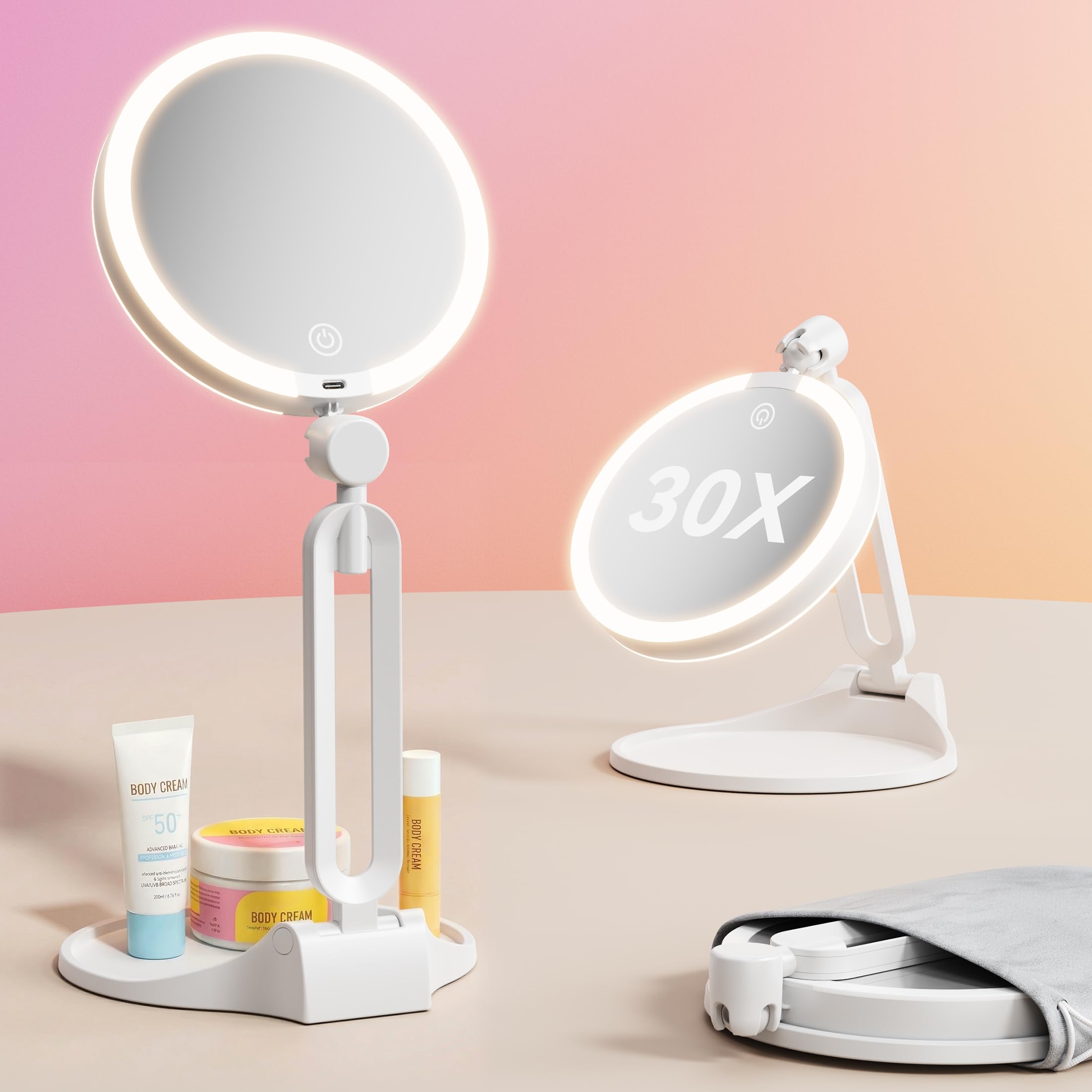 Travel Makeup Mirror with Lights 2026 New, 1X/30X Magnification Double Sided Lighted Mirror, 3 Color Lighting & Stepless Dimming, 2000mAh Foldable Portable Mirror for Desk & Travel White