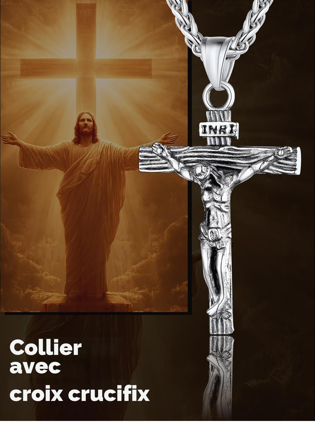 U7 Chaine Collier Croix INRI, Pendentif Croix Jésus Chrétienne Homme Acier Inoxydable, Ras de Cou Pendentif Jésus Croix,Chaîne pour homme Crucifix