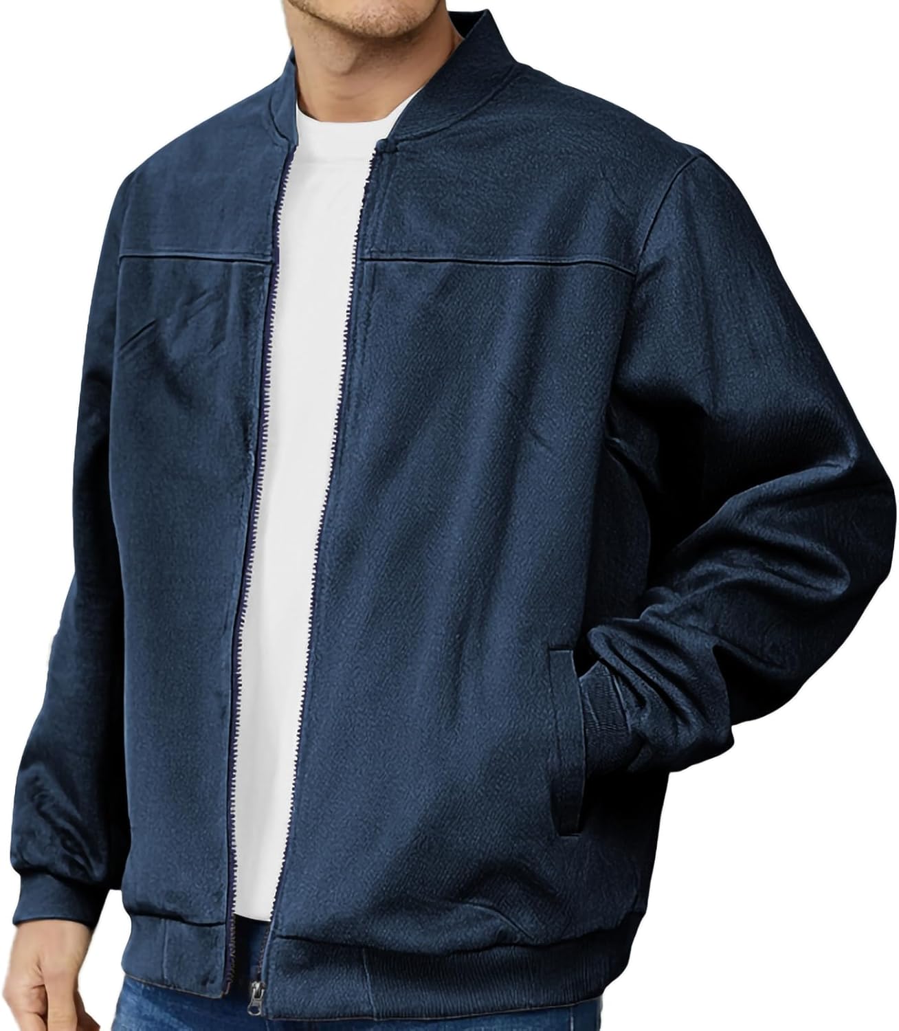 Mens Heavyweight Navy Bomber Sweatshirt Full-Zip Loose Fit Winter Warm Casual Hoodi...