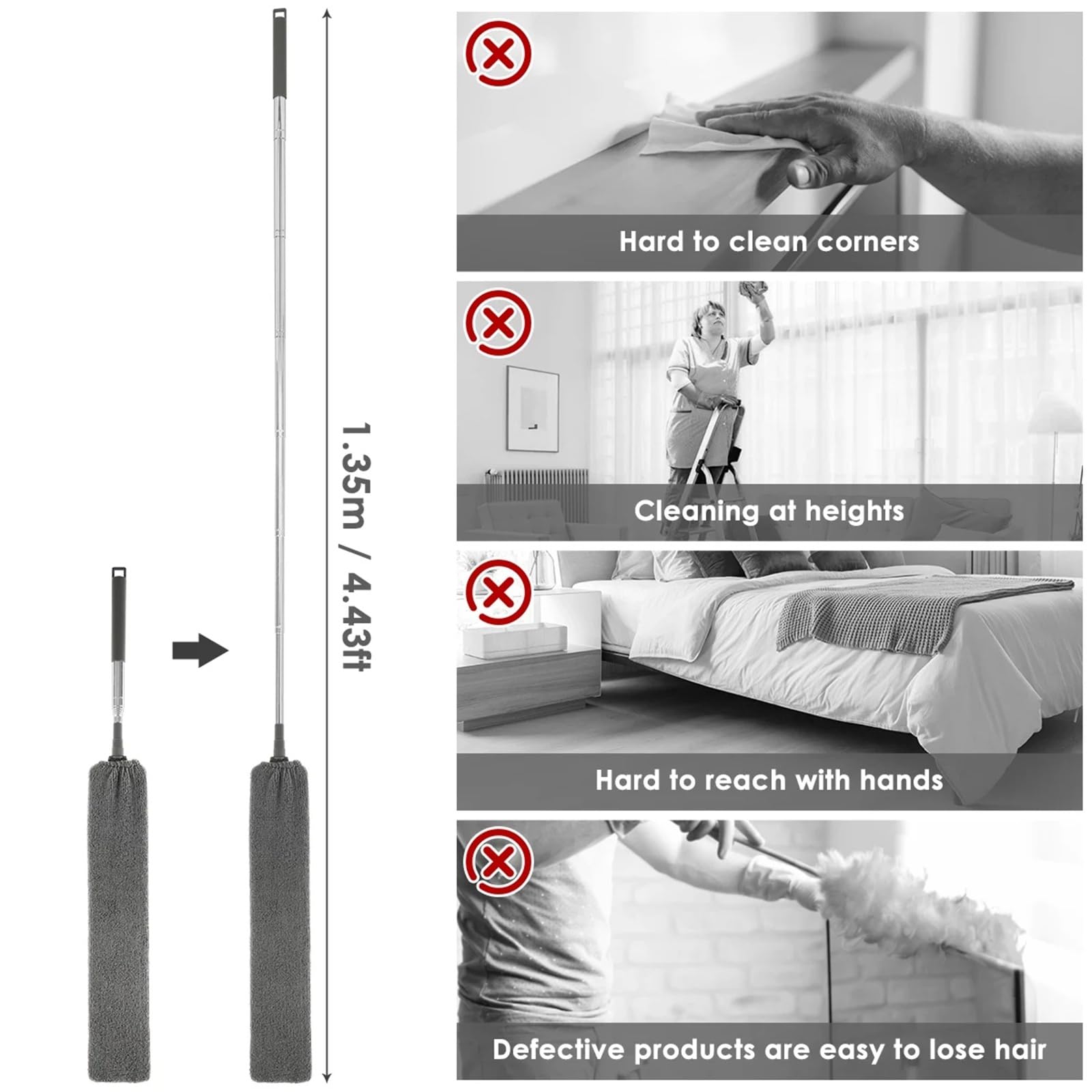 Plumero Atrapapolvo Limpiador de Polvo Gap, cepillos retráctiles Microfibra, Flexibles, Largos y Planos, con Poste Extensible, Herramientas Limpieza del hogar(Dark Gray)