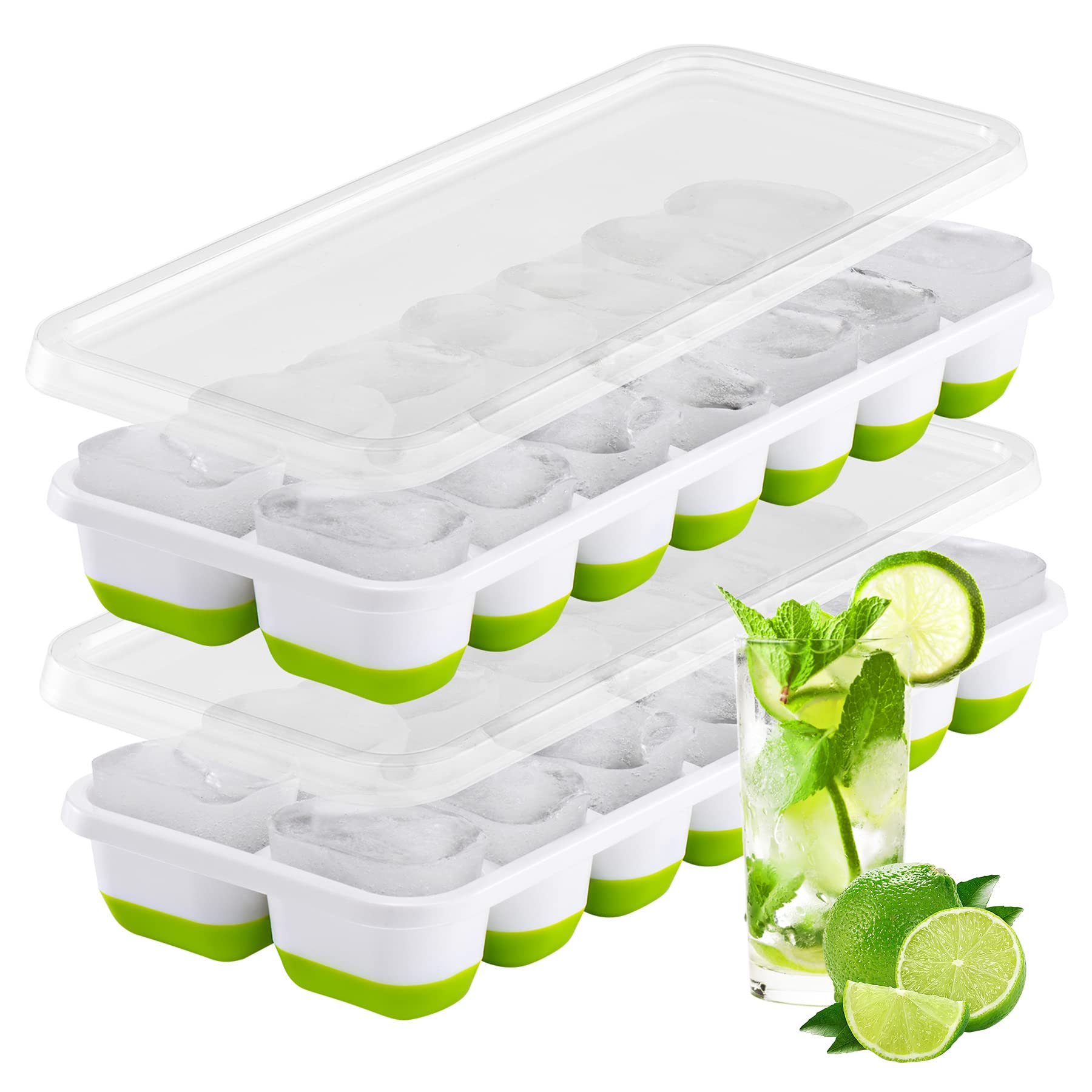 EcocaltaIce Cube Tray 2 Pack ,Silicone Ice Cube Tray with Spill-Resistant Removable Lid for Fruit Yogurt, Stackable & Easy-Release Ice Cube Trays Suitable for Cocktail Whiskey (Green)