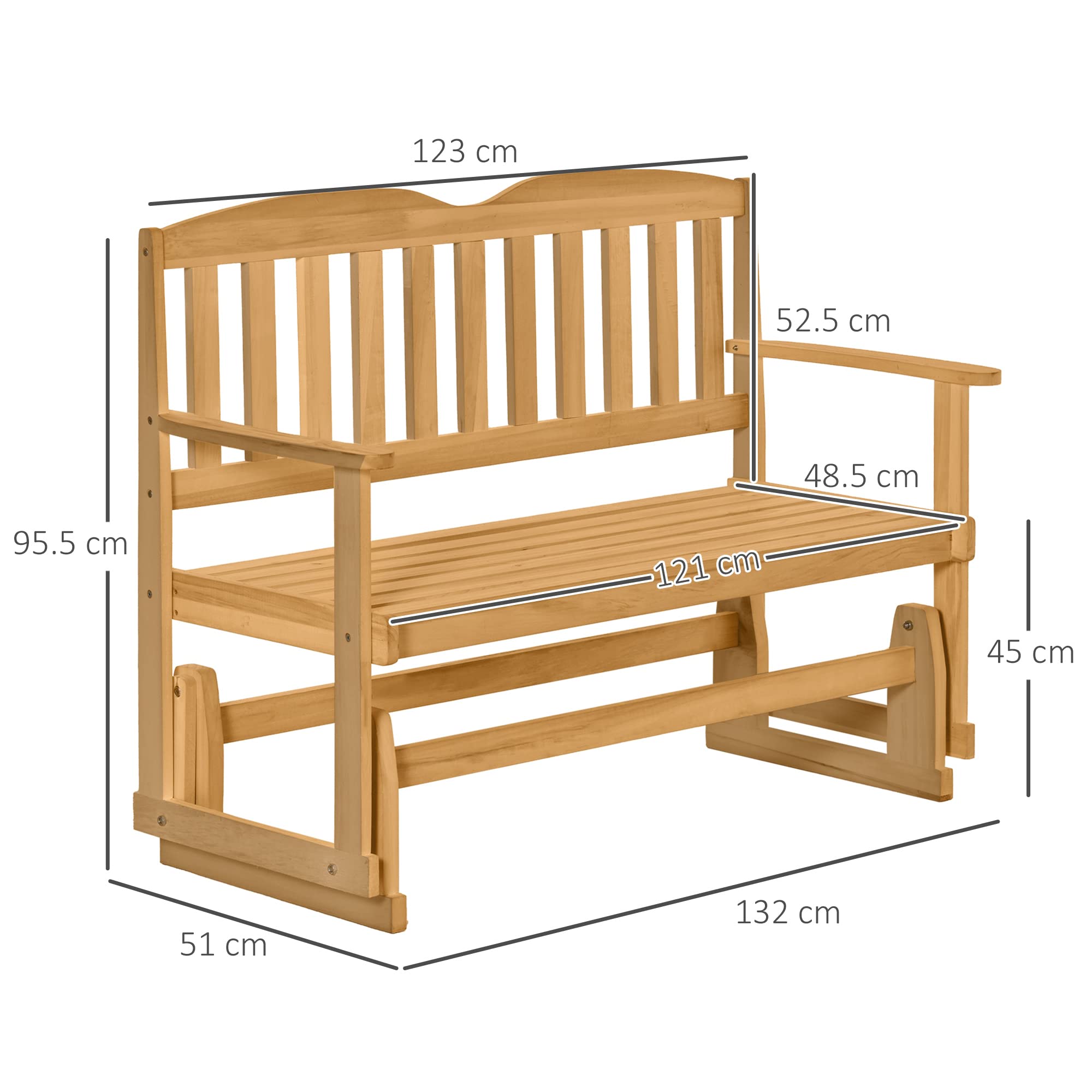 Outsunny Panchina da Giardino a Dondolo da 2 Posti con Braccioli, Panchina da Esterno in Legno di Abete, 132x51x95.5cm, Colore Legno