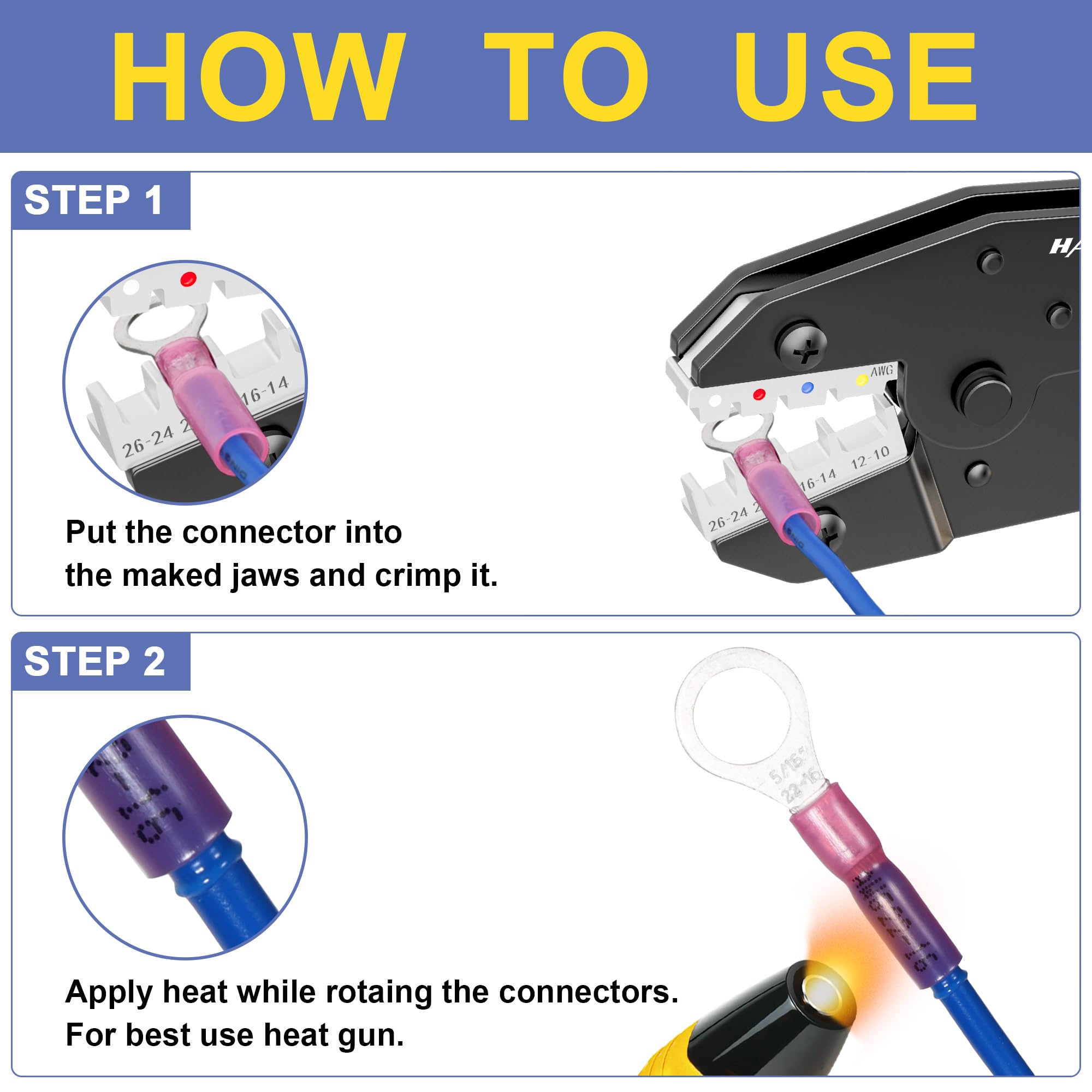 Haisstronica Kit Pince à Sertir avec 280 Connecteurs Thermorétractables – Pince Sertir pour Cosses en Anneau, Connecteurs de Câble, Bornes0,5–6 mm² (AWG22–10)