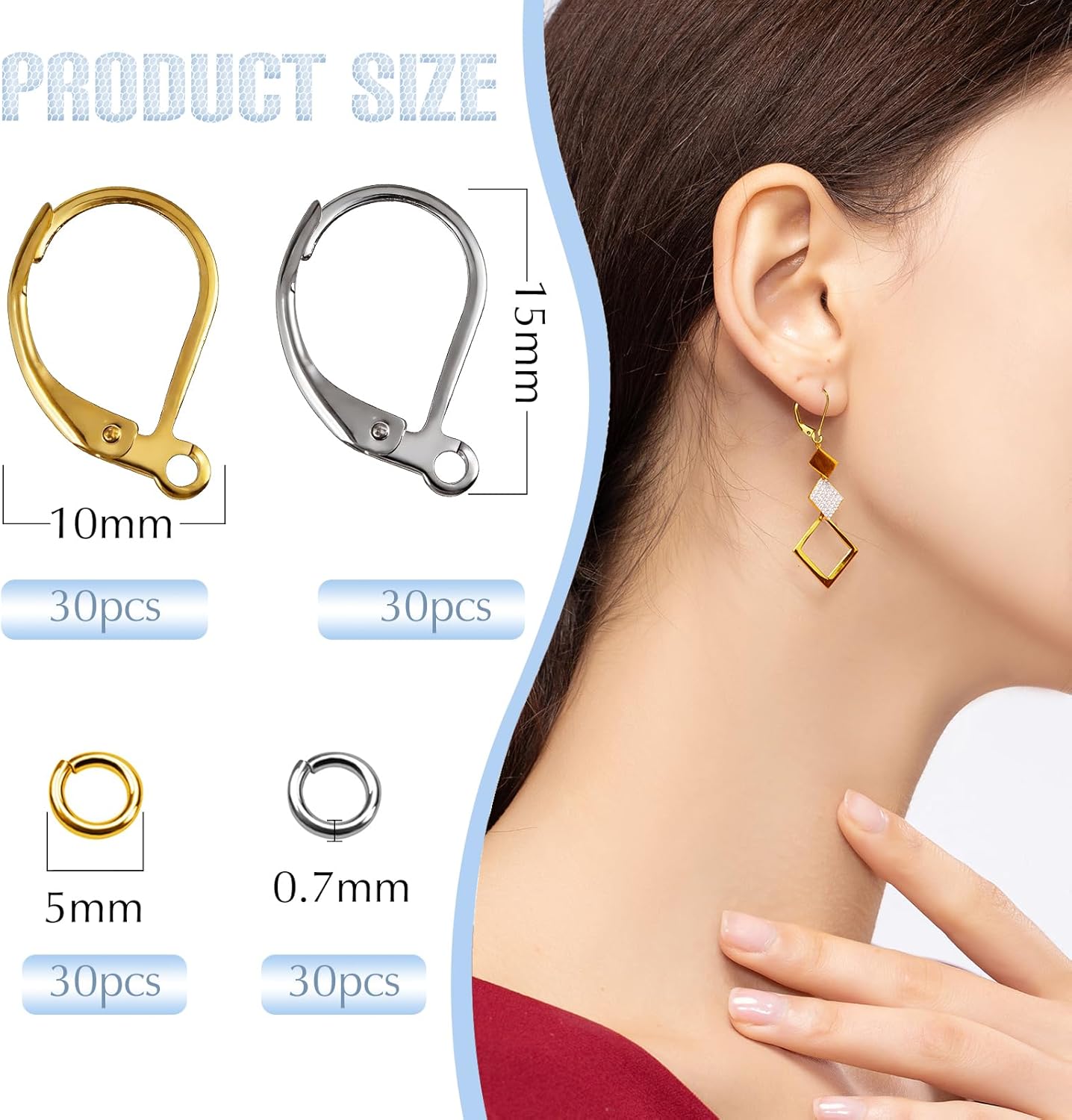 TOAOB 120pcs 18K Gold Plated Leverback Earwires French Earring Hooks Gold and Silver Stainless Steel Colors 10x15mm Interchangeable Dangle Ear Wires with Jump Rings for Jewelry Making - Image 2