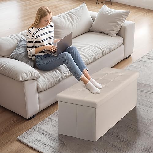 Miniatura 10 de ZenStyle Banco otomano de almacenamiento de 43 pulgadas, reposapiés plegable con asiento acolchado, baúl de almacenamiento largo para zapatos con