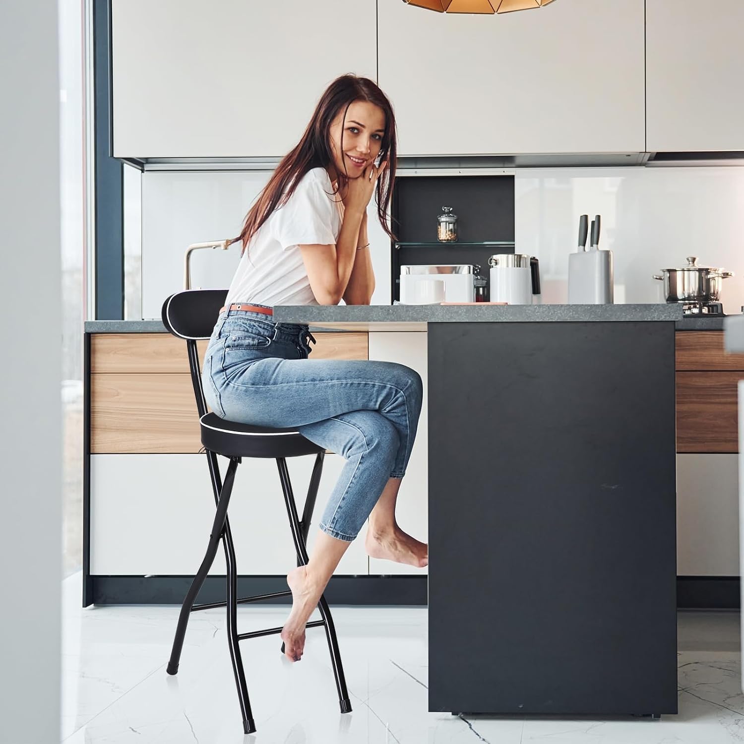 Folding Stool for Indoor Outdoor Upholstered Portable Bar Dining Chairs Counter Height Bar Stools Metal with Backs and Footrest Capacity 200Lbs