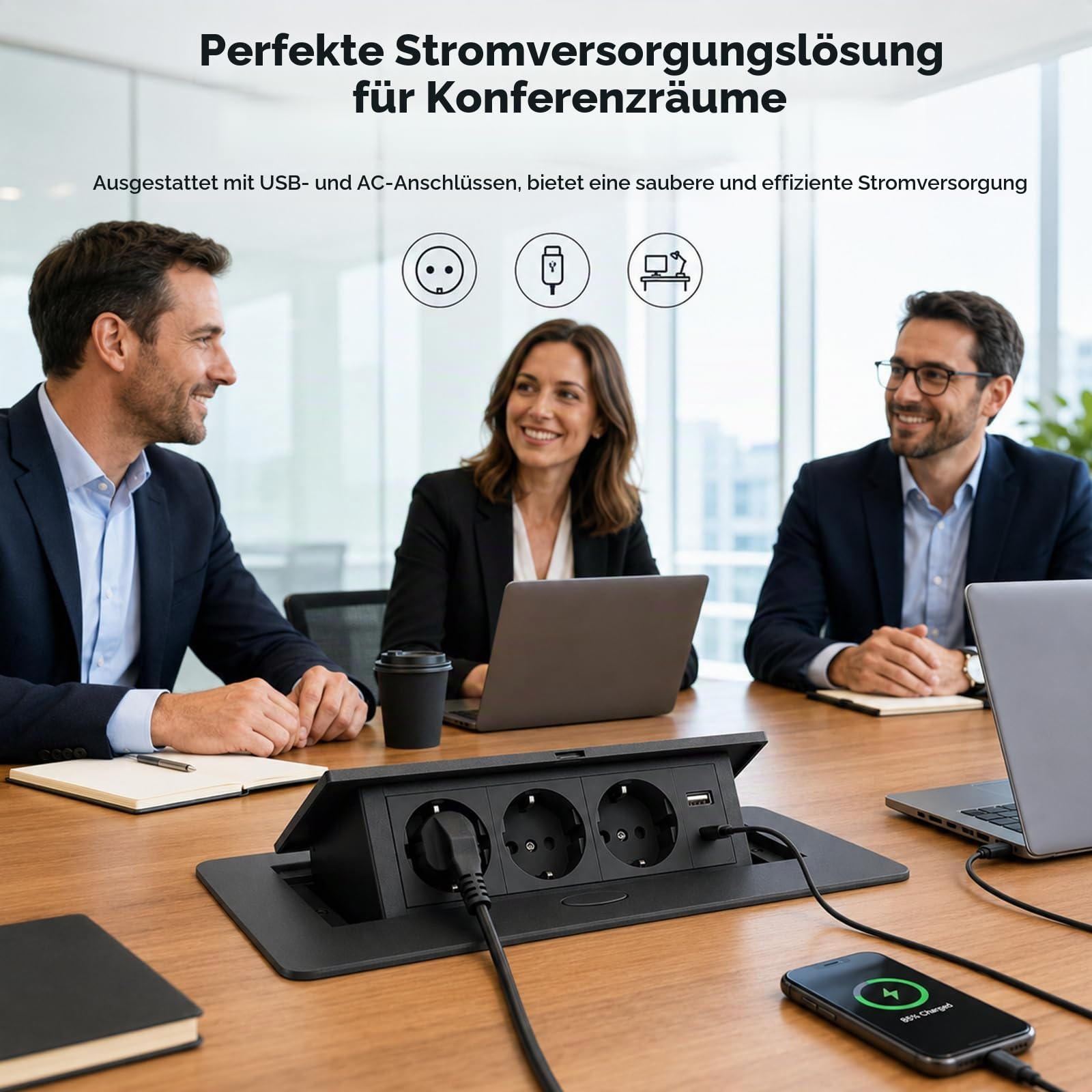 Versenkbare Steckdose, 3680W/16A/230V, 3 Fach Einbausteckdose(Schwarz) | Versenkbare Steckdosenleiste mit 1.5M Kabel und 1M Type-C, USB Schnelllade Pop Up Tischsteckdose Platzsparende für Büro