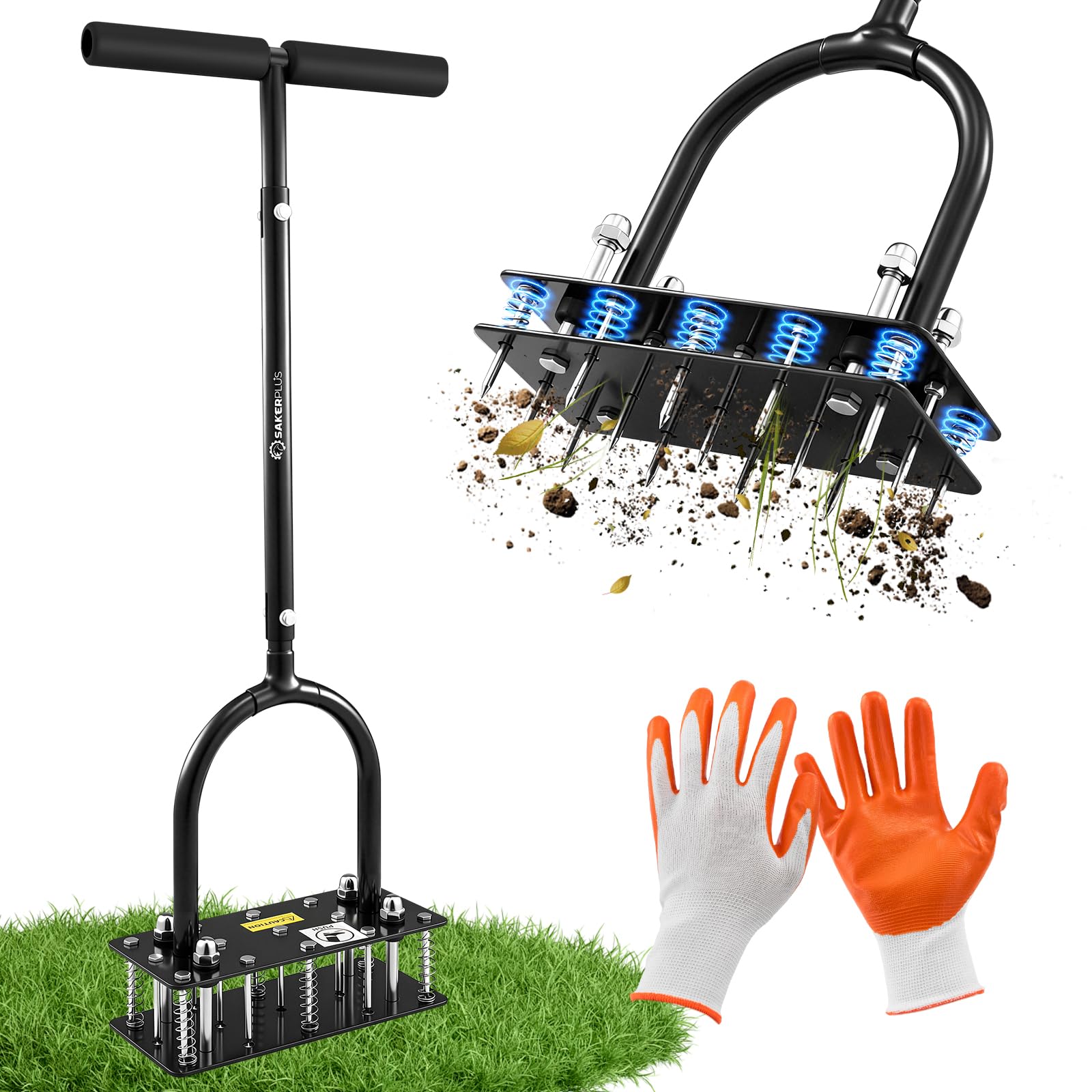 Sakerplus Aerator Lawn Tool, Hand Metal Spike Lawn Aerator (Black Handle)