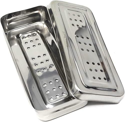 Miniatura 9 de Caja de instrumentos de esterilizador dental médico de acero inoxidable, bandeja organizadora de almacenamiento con tapa, 7L x 3W x 1.25H (liso)