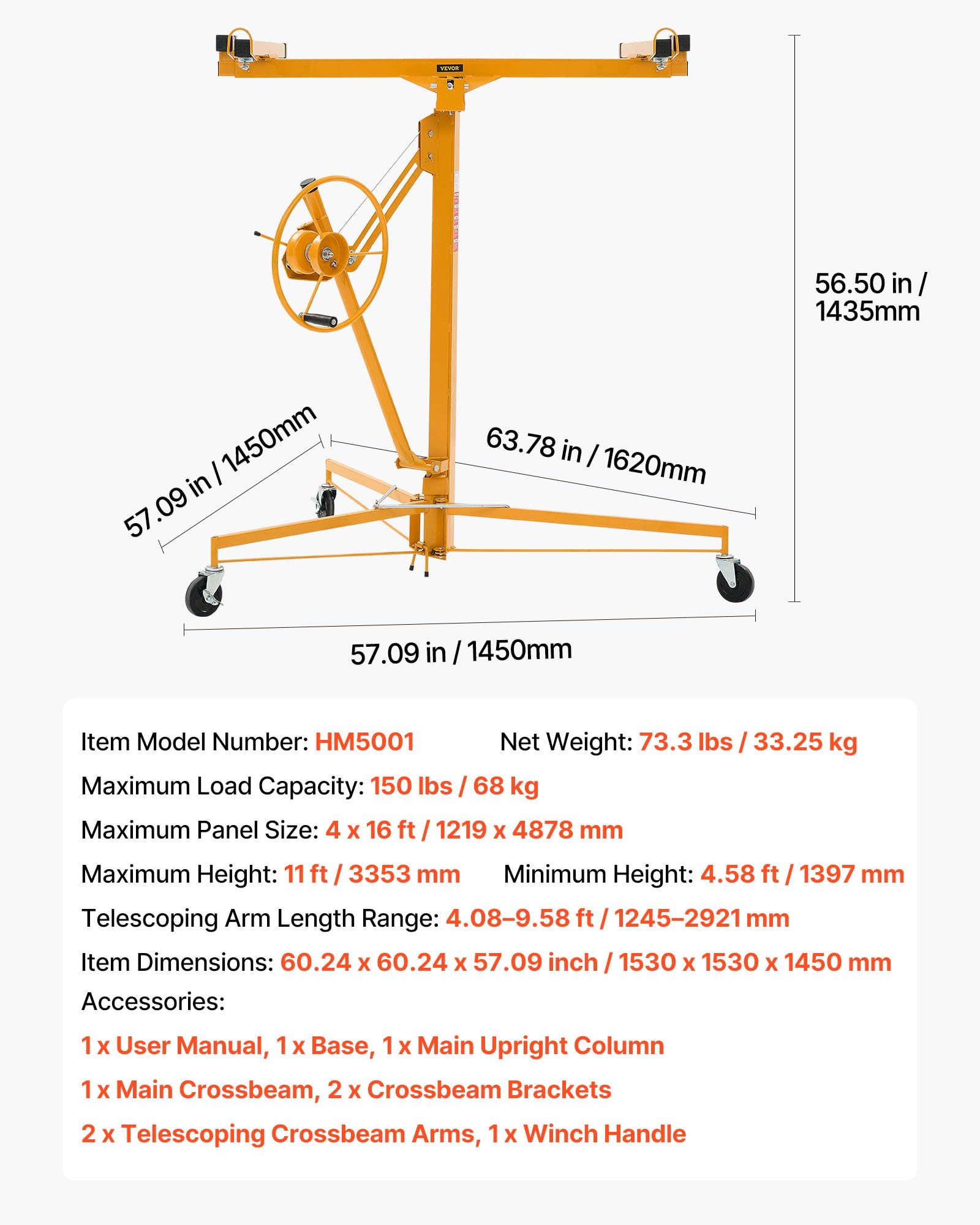 VEVOR Podnośnik do płyt gipsowo-kartonowych 3,35 m, nośność 68 kg, z regulowanym ramieniem teleskopowym od 1,2 do 2,9 m, zamykane koła, narzędzie podnoszące do montażu sufitowego, kolor żółty