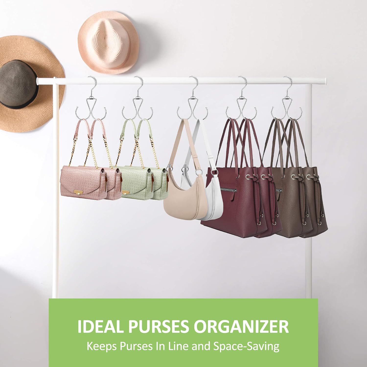6 Pack Purse Hanger for Closet, 12 Storage Capacity Rotatable Purse Hooks, Hanging Backpack Bag Holder, Closet Organizers and Storage, Silver