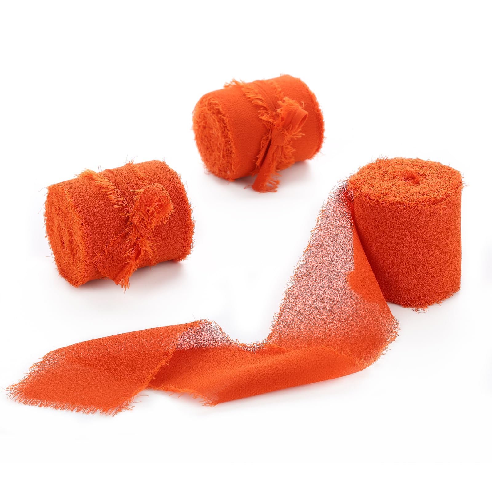 Terracotta Chiffon Ribbon 3 Rolls 1.5 inch X 5 Yard Burnt Orange Handmade Fringe Chiffon Silk Ribbon Set for Gift Wrapping, Wedding Invitations, Bridal Flower Bouquets, Holiday Decor, and DIY Crafts