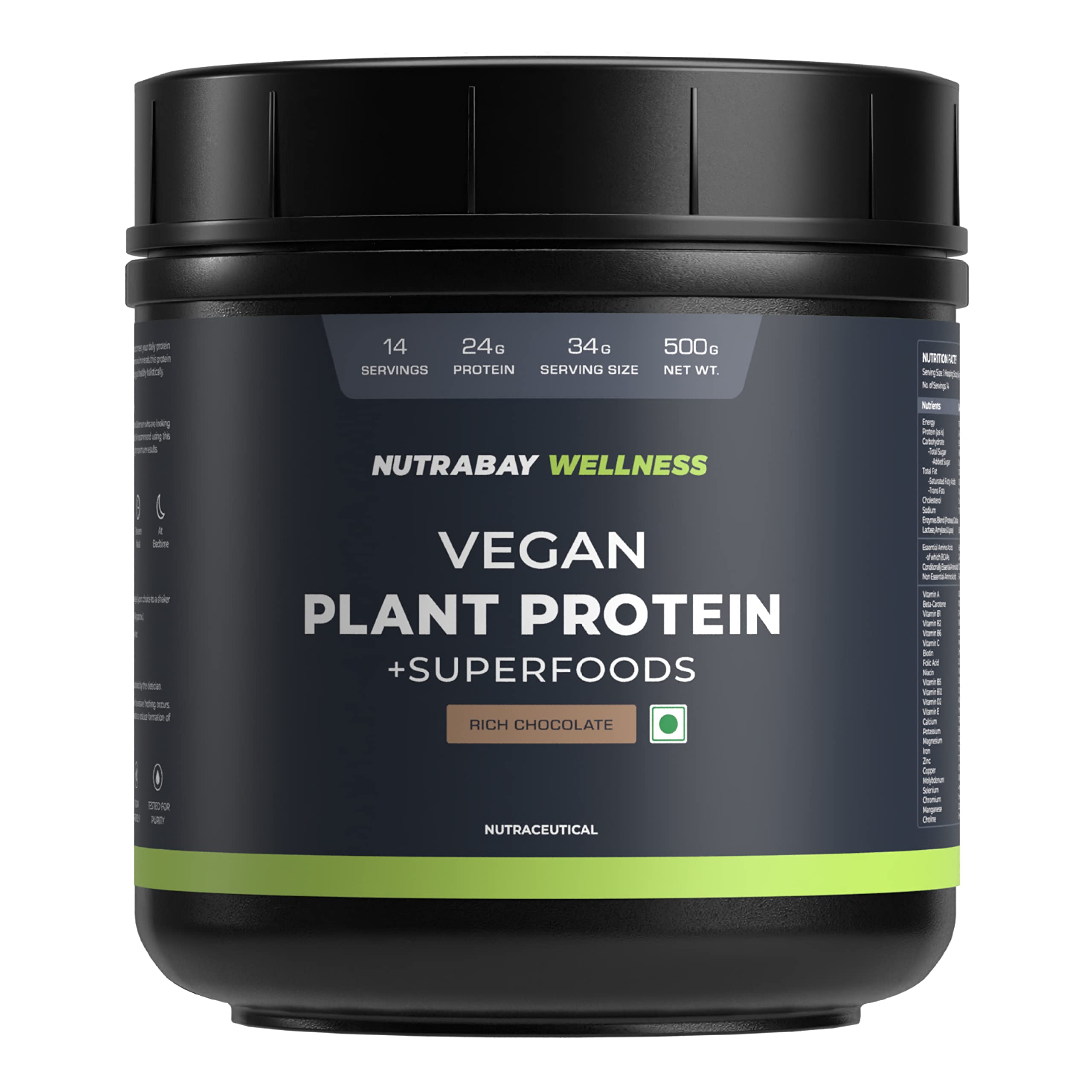 Nutrabay Wellness Vegan Plant Protein Powder + Superfoods 24g Protein per Serving – Complete Amino Acid, Pea & Brown Rice, Sugarfree – 500g, Rich Chocolate | 100% Authentic Clean Protein
