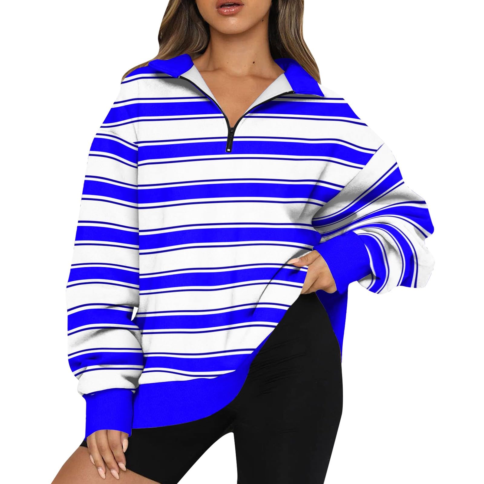 Half Zip Sweatshirts Trendy Striped Color Block Pullover Casual Lightweight Loose Long Sleeve Blouses For Women