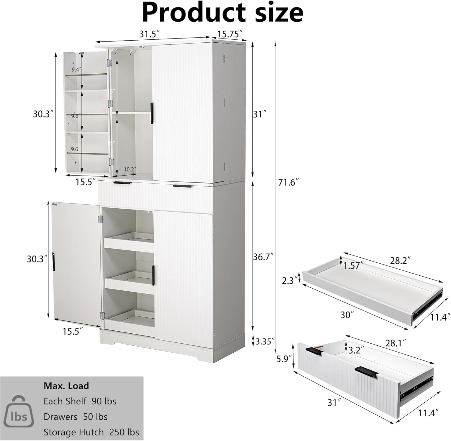 Ball & Cast 72" Tall Kitchen Pantry Cabinet with 2-Tier Larger Cabinets and 6 Door Shelves Adjustable,Freestanding Cupboard Cabinets W/ 3 Keyboard Drawers,for Kitchen,Dining Room,White