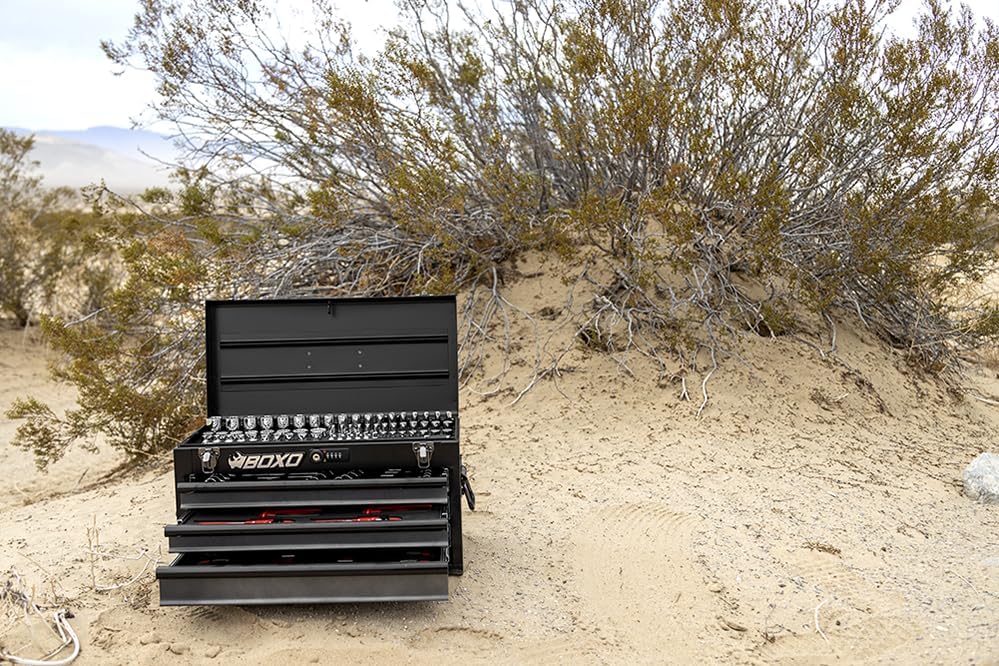 Miniatura 4 de Boxo USA - Caja de herramientas de acero resistente de 3 cajones, organizador portátil de mano con deslizadores de rodamientos de bolas, llave