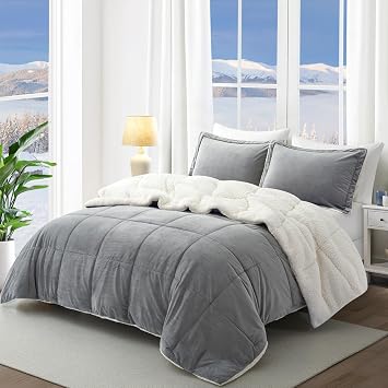 Peace nest Sherpa Comforter King with 2 Pillow Cases 3 Pieces Reversible King Size Comforter Set Ultra Soft Fluffy Down Alternative Comforter Set All Season Comforter, Gray, King Size