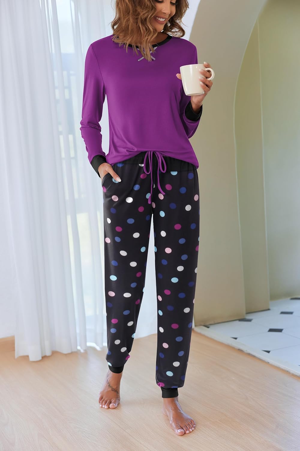 Ekouaer Pajamas For Women Comfy Long Sleeve Jogger Set Lounge Pjs Set With Pockets - Image 2