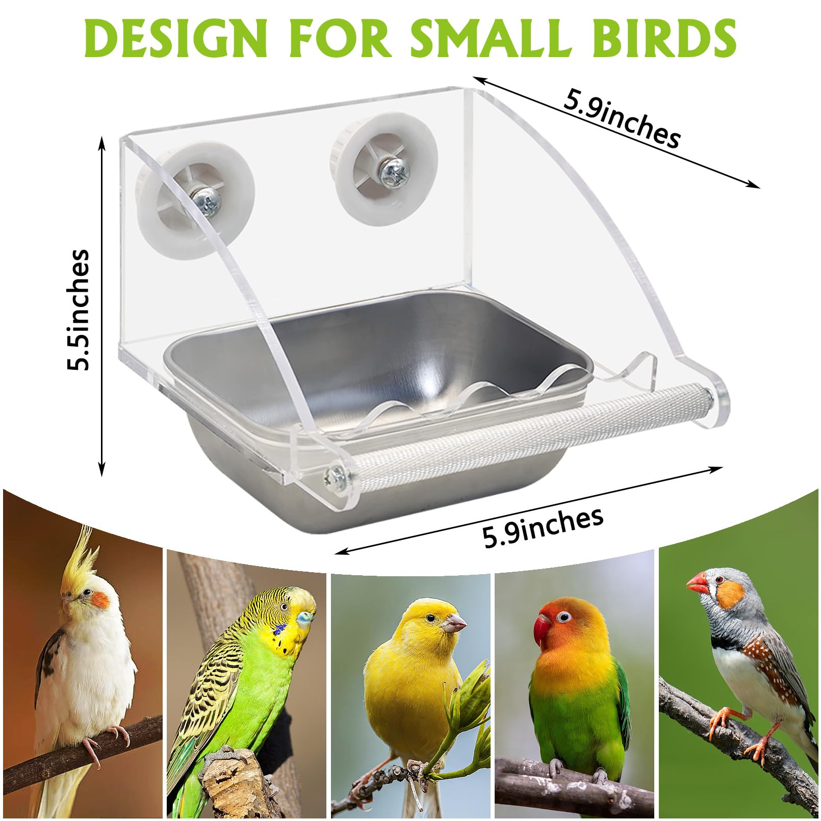 BNOSDM Bird Feeder for Cage with Stainless Steel Food & Water Bowl Acrylic Parakeet Seed Dishes with Anti-Slip Perch Stand for Parrot, Cockatiel, Lovebird, Canary, Finch,Conure,Cockatoo, Pigeon - image 6