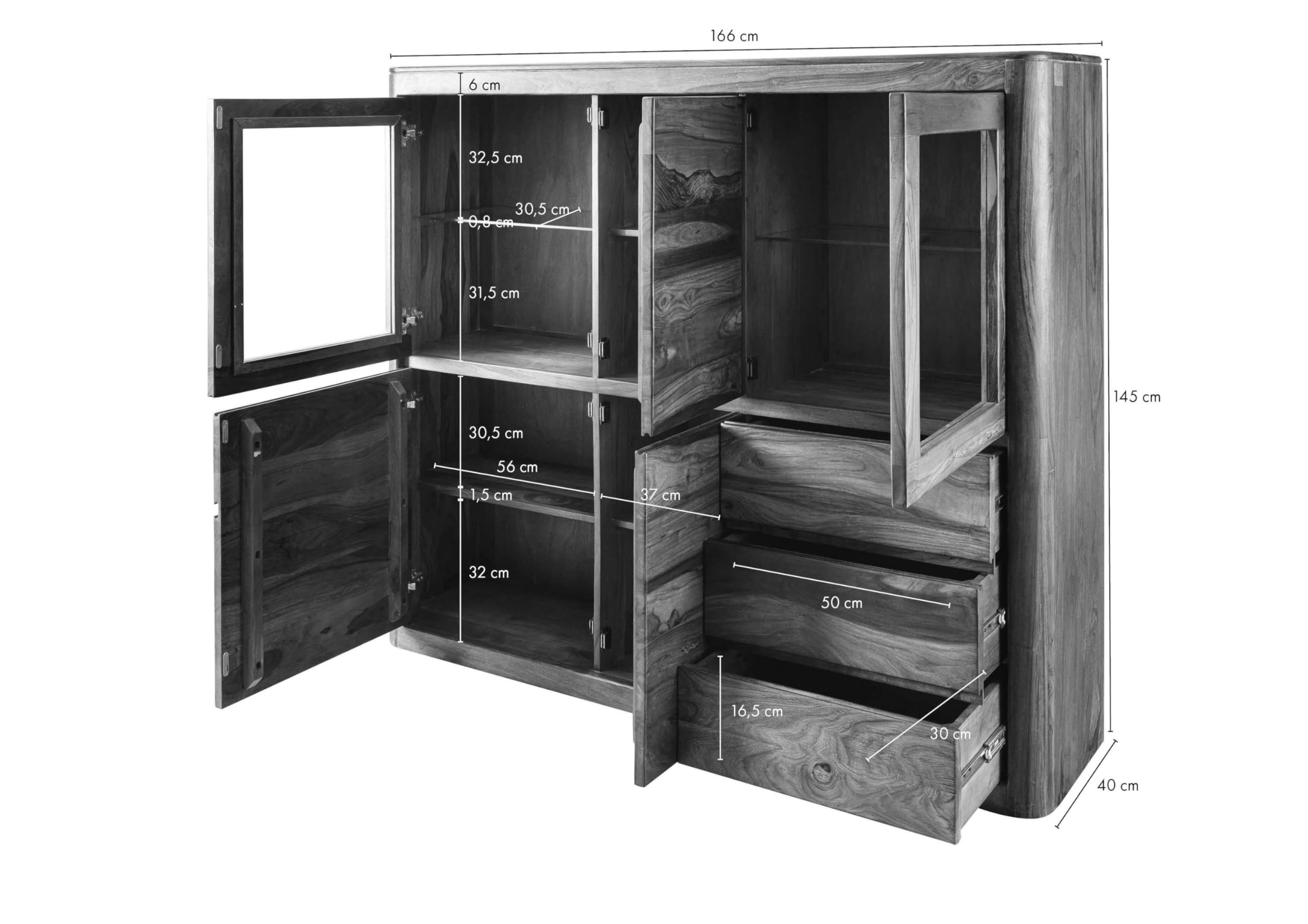 MASSIVMOEBEL24.DE | Toronto Highboard Sheesham/Palisander - Verschiedene Größen und Farben, Farbe:Dunkelbraun gewachst, Größe:166x40x145 cm (BxTxH)