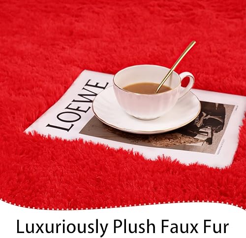 Miniatura 5 de Keeko Alfombra roja mullida, de 4 x 5.3 pies, bonita alfombra de pelo largo para dormitorio, alfombras peludas de pelo alto para sala de estar,