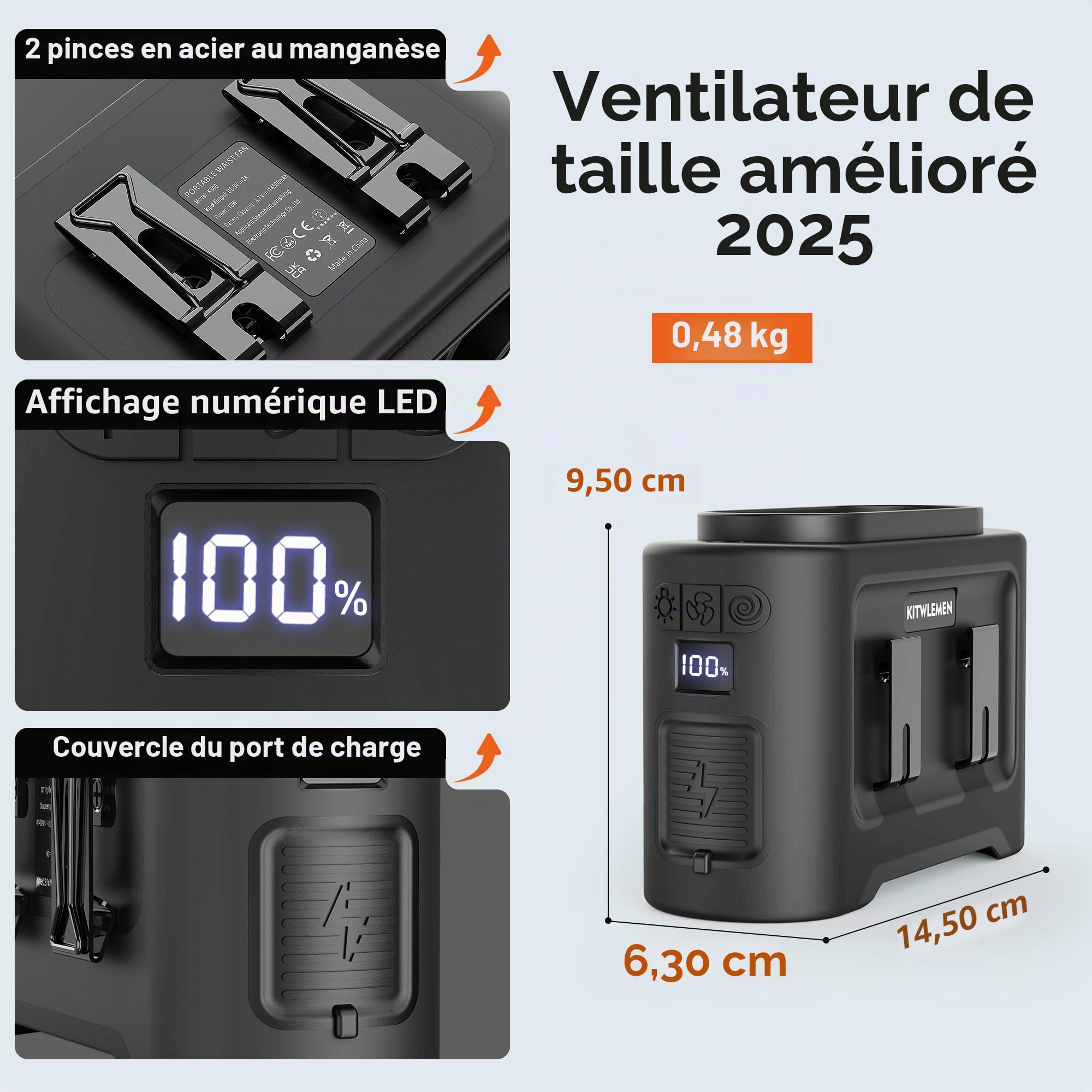 KITWLEMEN Ventilateur portable 14500 mAh – Ventilateur de ceinture double sortie d’air, 5 vitesses, 35 h, batterie rechargeable