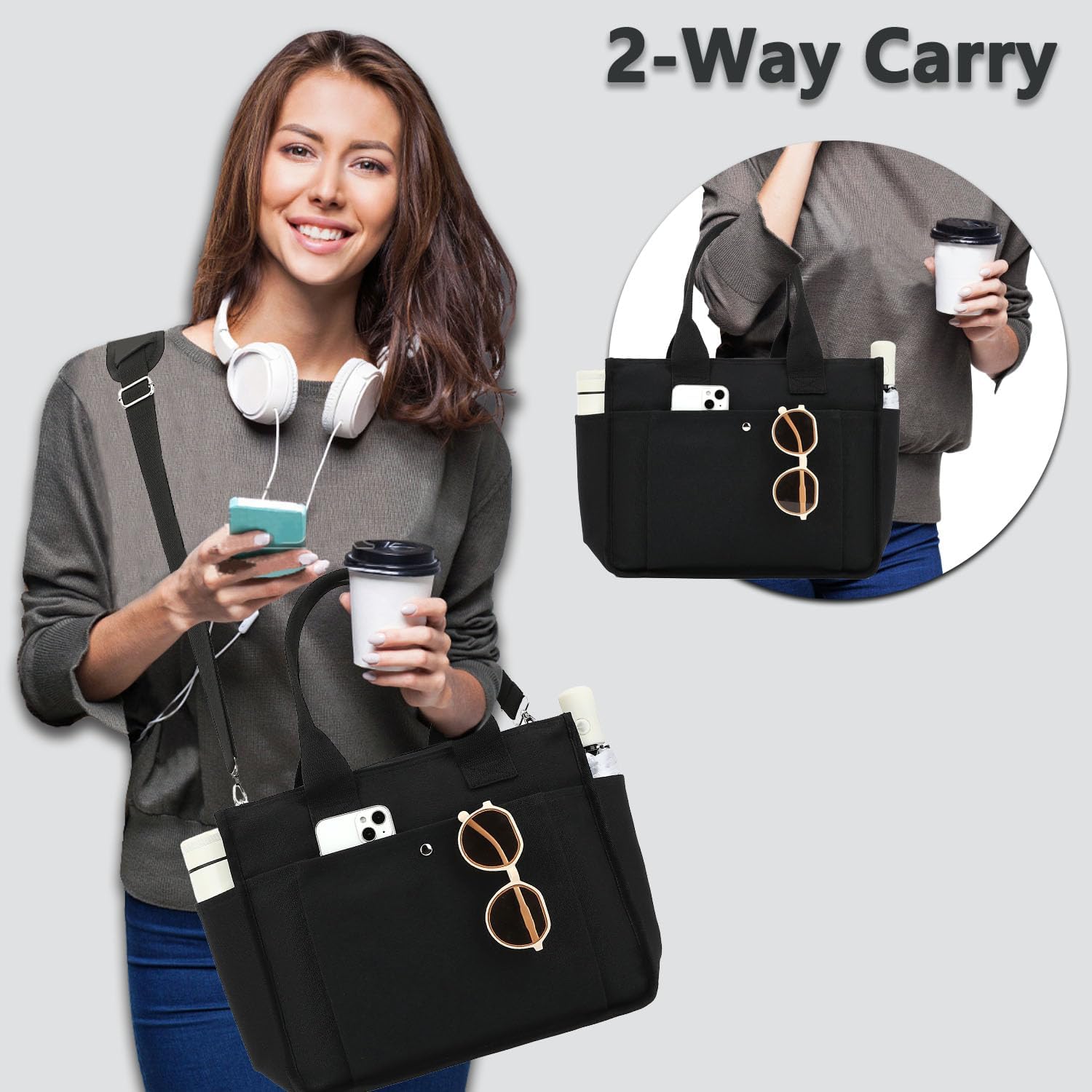 Large Canvas Tote Bag for Women with Zipper & Compartments, Crossbody Laptop Bags f... - Image 3