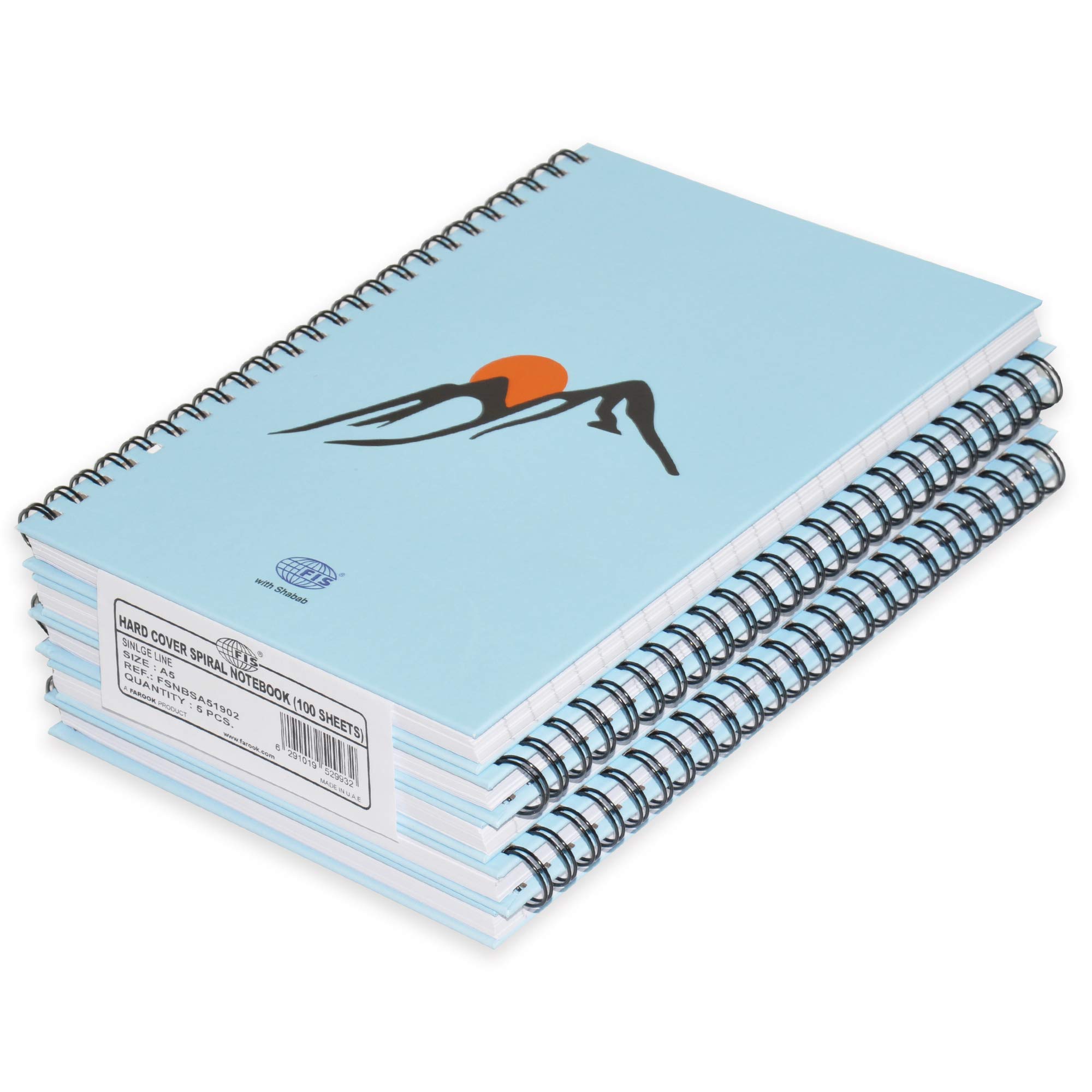 FIS Spiral Hard Cover Notebook, A5 Size(14.8x21cm), Single Line Ruling, 100 Sheets, Pack of 5 Pieces - FSNBSA51902
