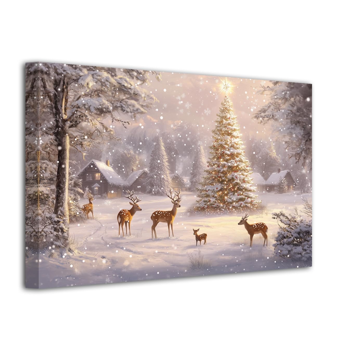LZIMU Christmas Tree Canvas Wall Art Christmas Decor Pine Tree Painting Winter Scene Forest Snow Landscape Pictures for Xmas Holiday Indoor Frame (Pink, 16L x 20W)