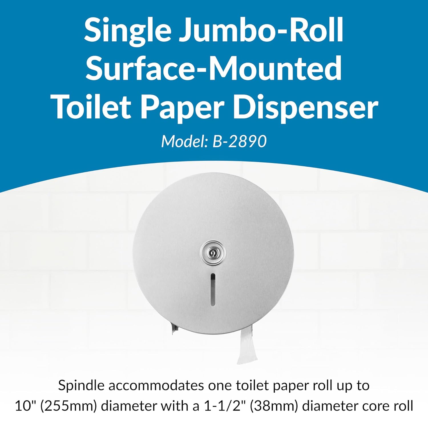 Bobrick Single Jumbo-Roll Surface-Mounted Toilet Tissue Dispenser, Satin-Finish Stainless Steel, ADA Compliant, Secure Locking Design, Versatile Roll Compatibility, Durable & Easy-Load Mechanism (Model B-2890)