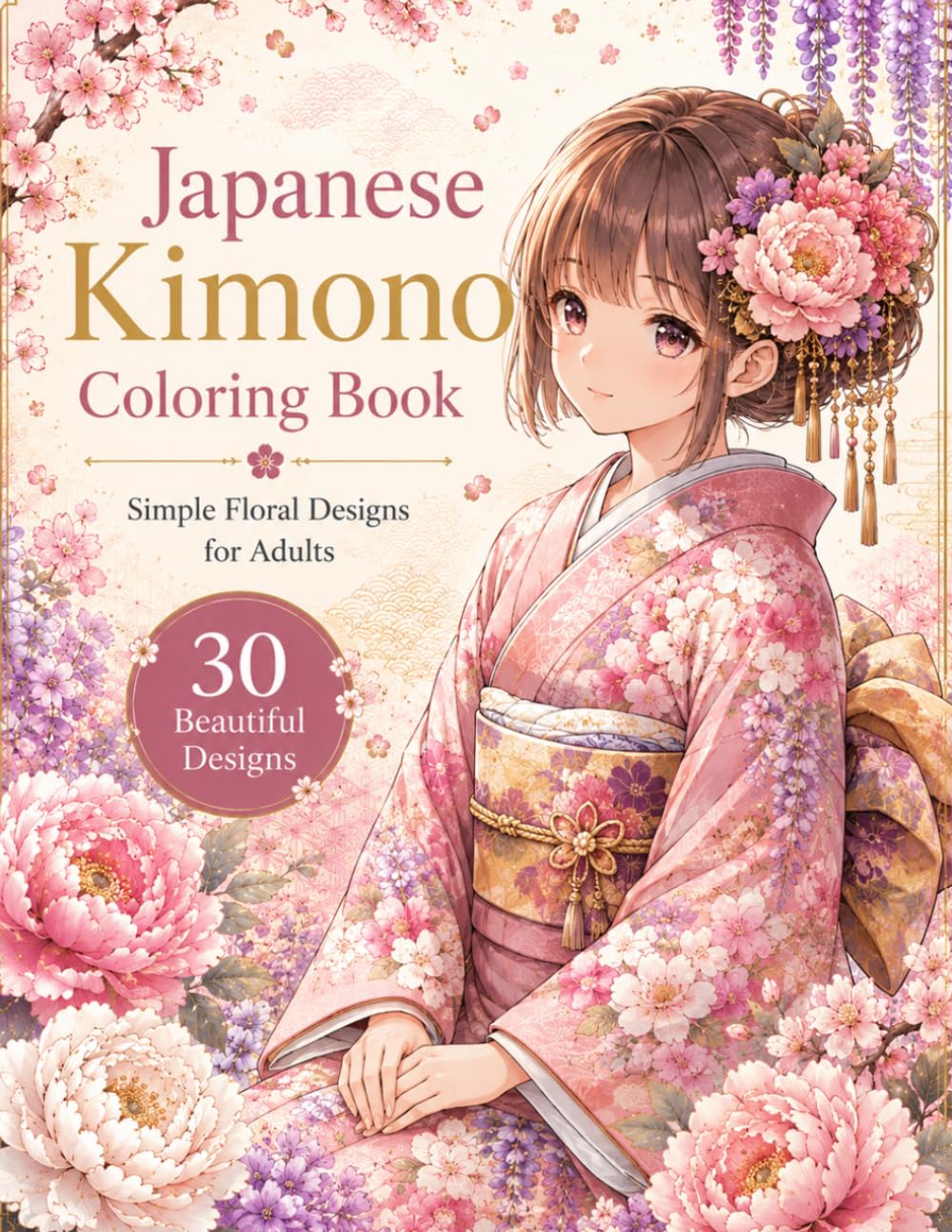 Japanese Kimono Coloring Book: Simple Floral Designs for Adults
