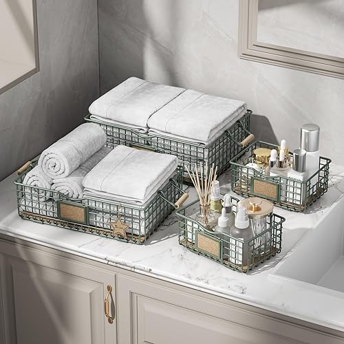 Organizadores y almacenamiento de baño, paquete de 4 cestas de almacenamiento para estantes, organizador multiusos con asas de madera, juego de